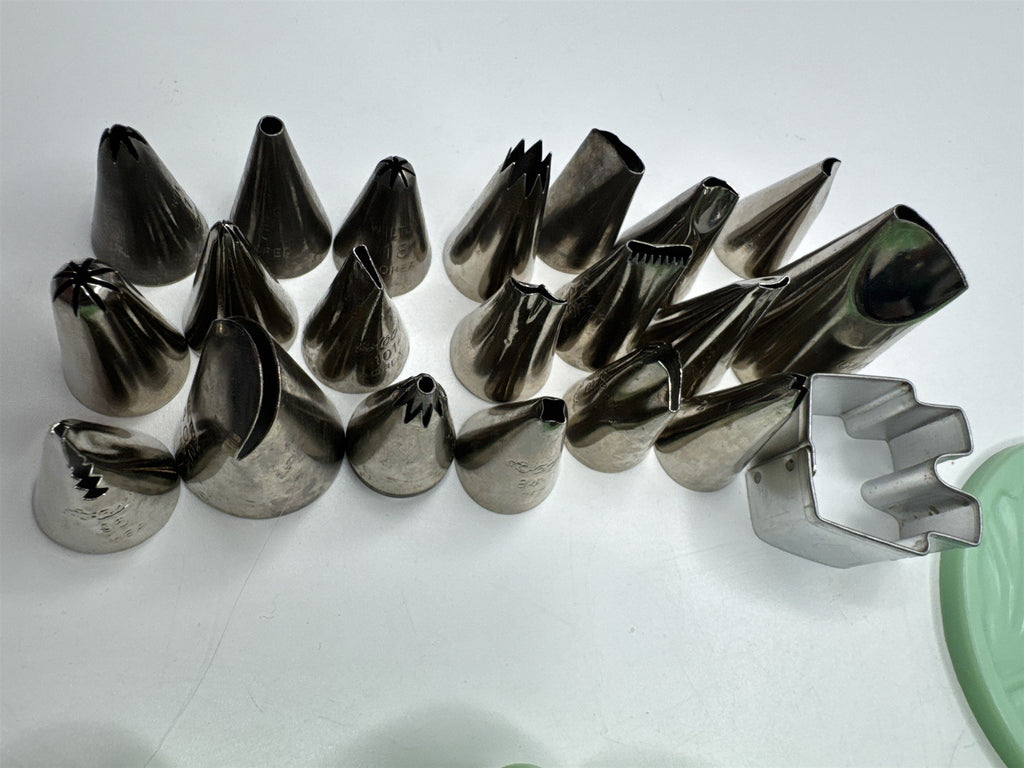 Lot of 46 Milton Small Piping Tips and Small Cookie Cutters Mint Green Color