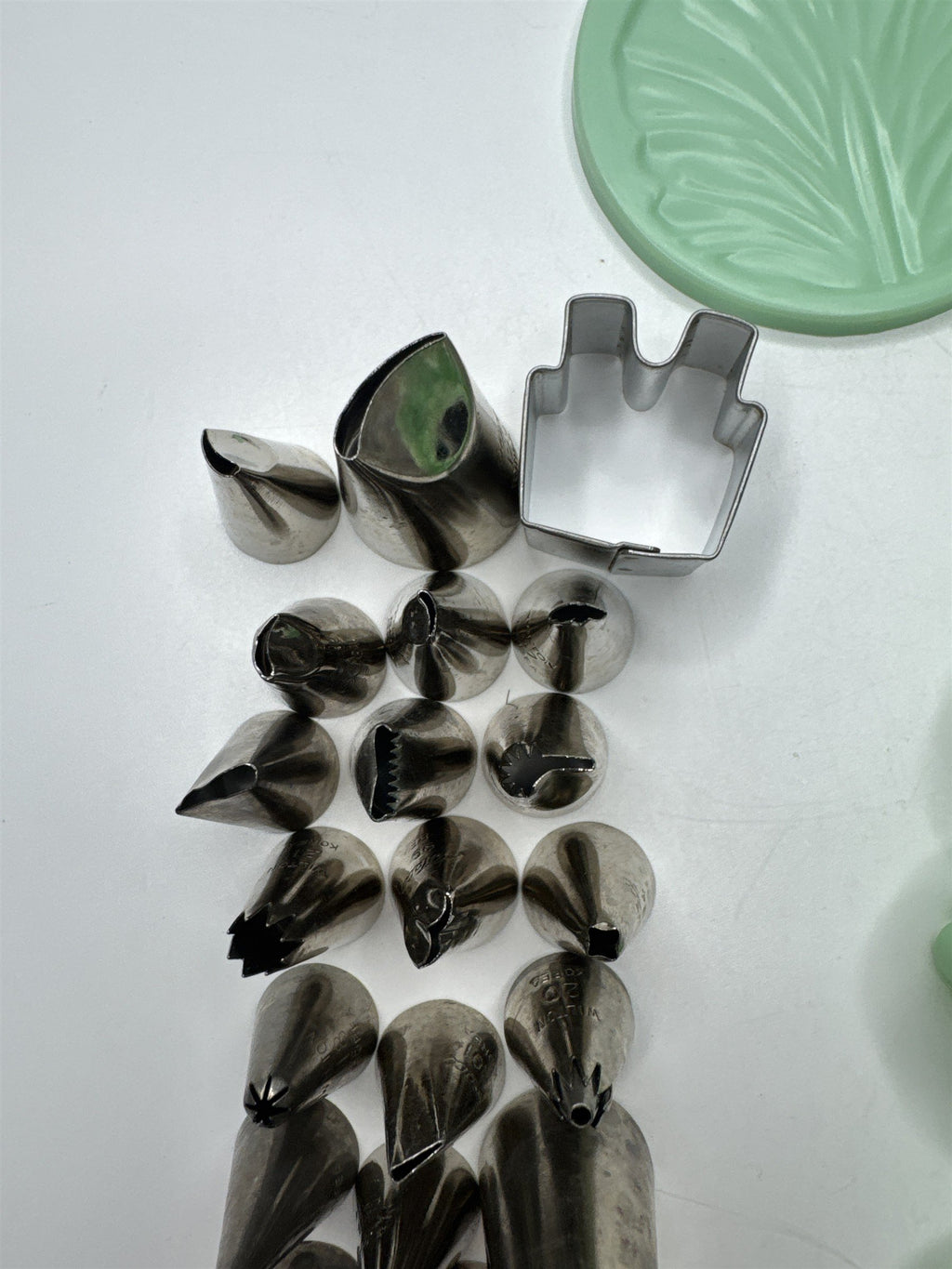 Lot of 46 Milton Small Piping Tips and Small Cookie Cutters Mint Green Color