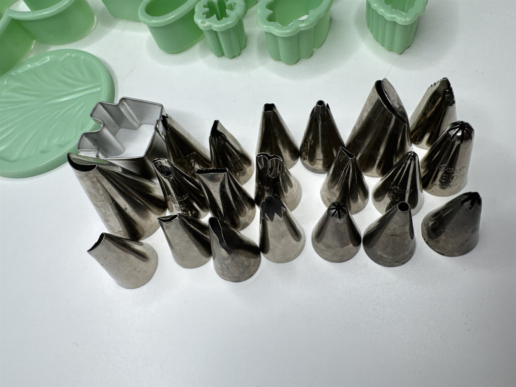 Lot of 46 Milton Small Piping Tips and Small Cookie Cutters Mint Green Color