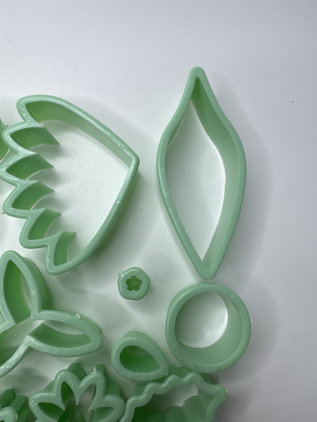 Lot of 46 Milton Small Piping Tips and Small Cookie Cutters Mint Green Color