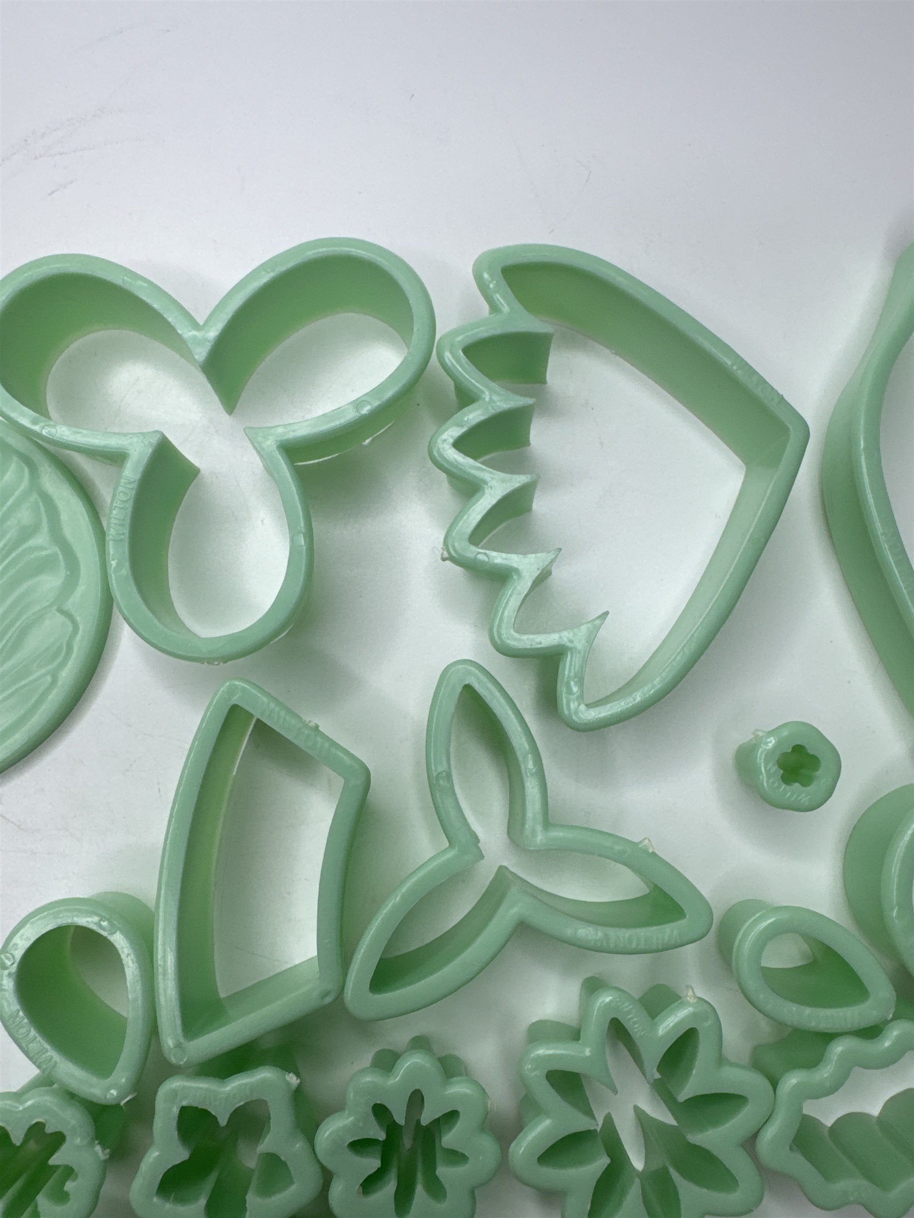 Lot of 46 Milton Small Piping Tips and Small Cookie Cutters Mint Green Color