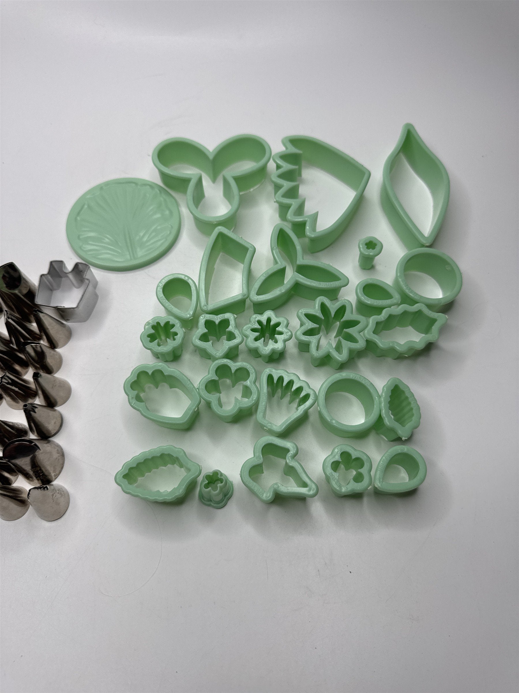 Lot of 46 Milton Small Piping Tips and Small Cookie Cutters Mint Green Color
