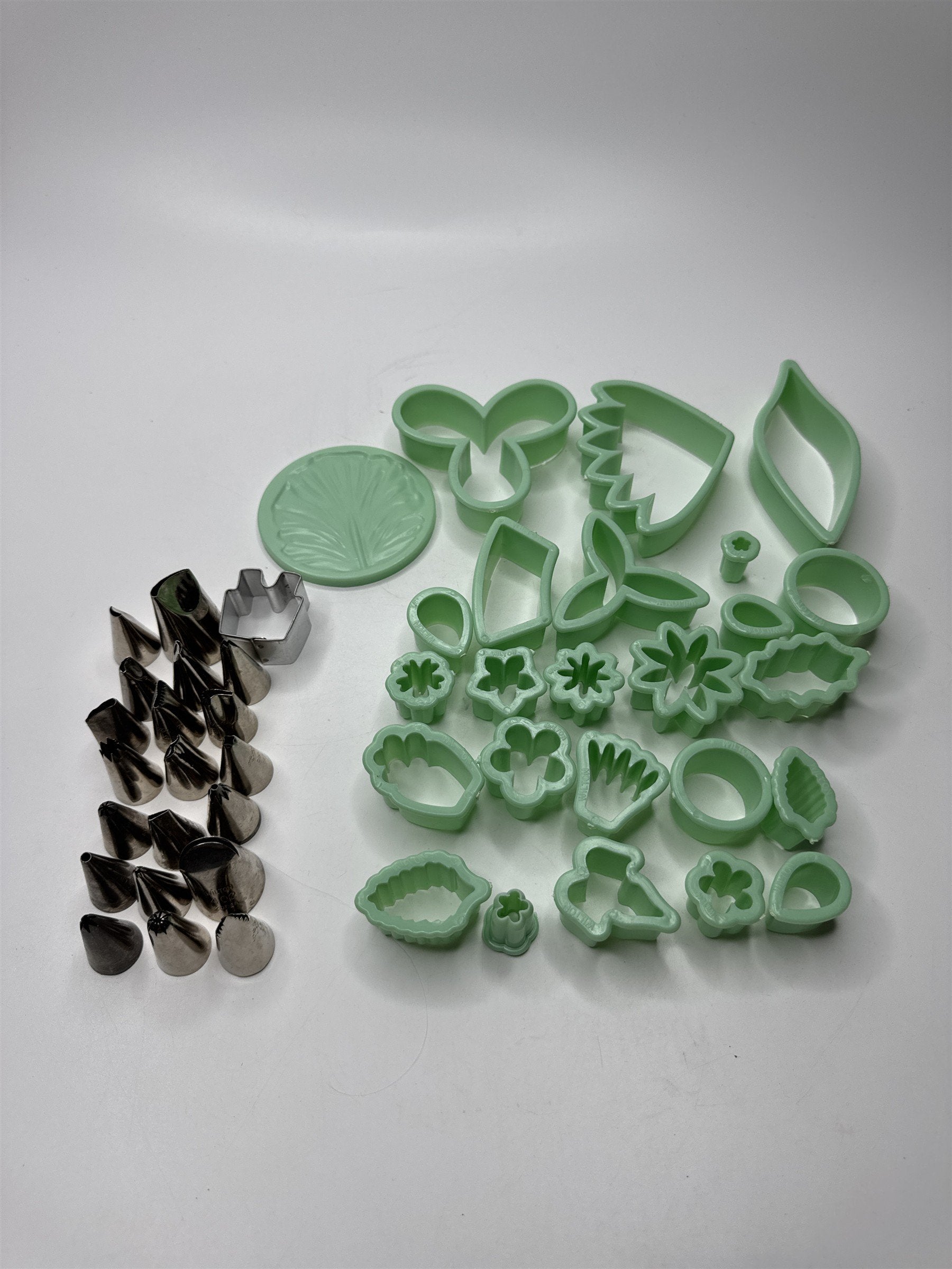 Lot of 46 Milton Small Piping Tips and Small Cookie Cutters Mint Green Color