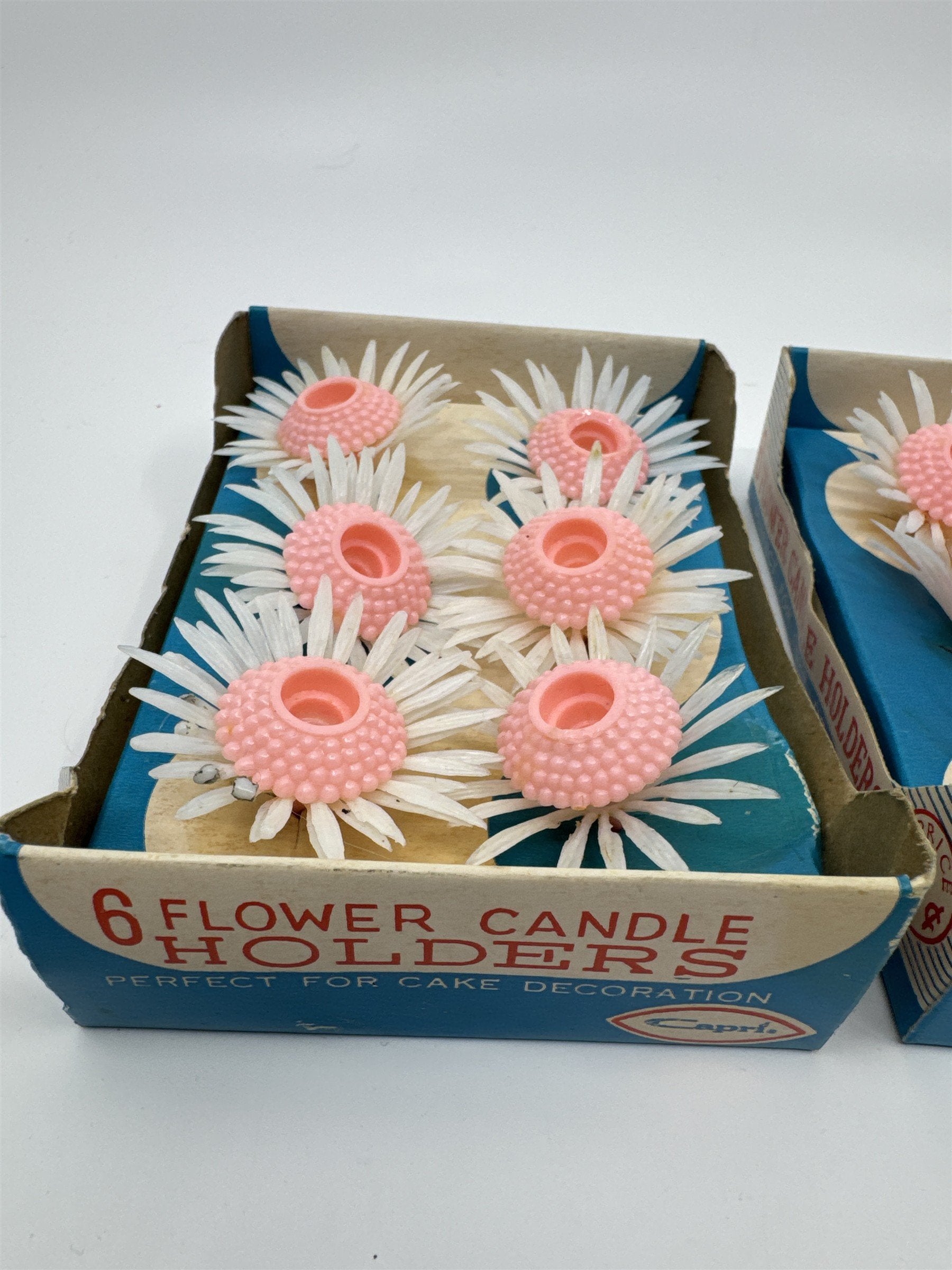 Set of Two Vintage 6 Piece Pink Flower Candle Holders By Capri For Cakes