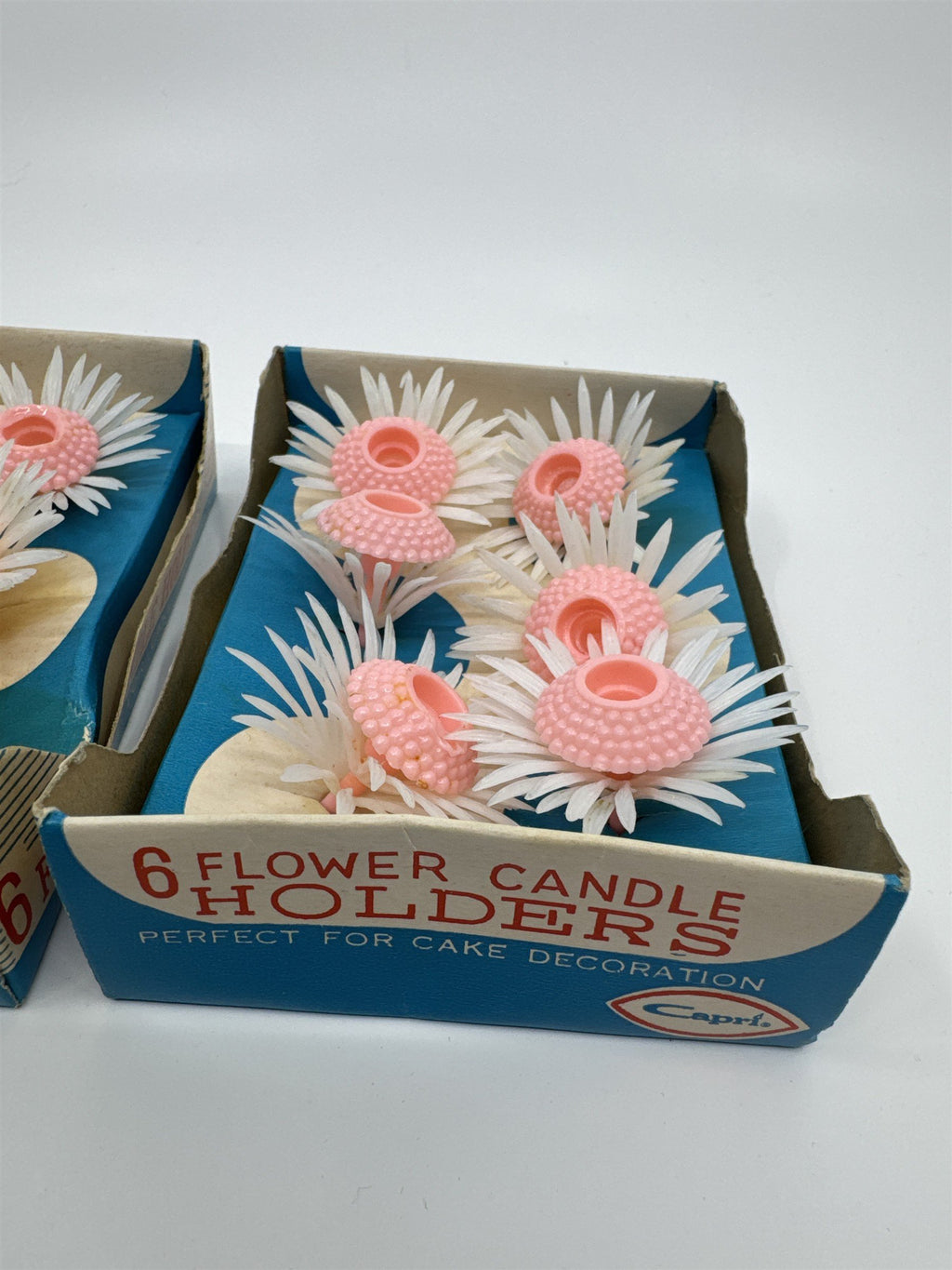 Set of Two Vintage 6 Piece Pink Flower Candle Holders By Capri For Cakes