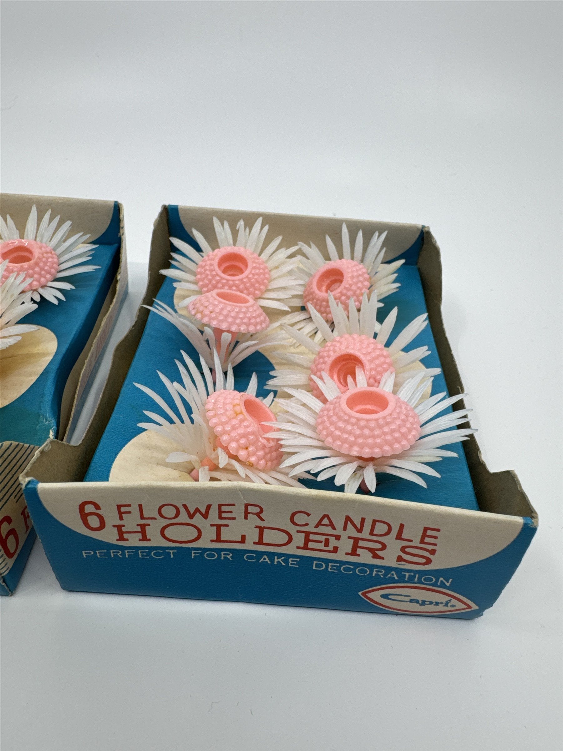 Set of Two Vintage 6 Piece Pink Flower Candle Holders By Capri For Cakes