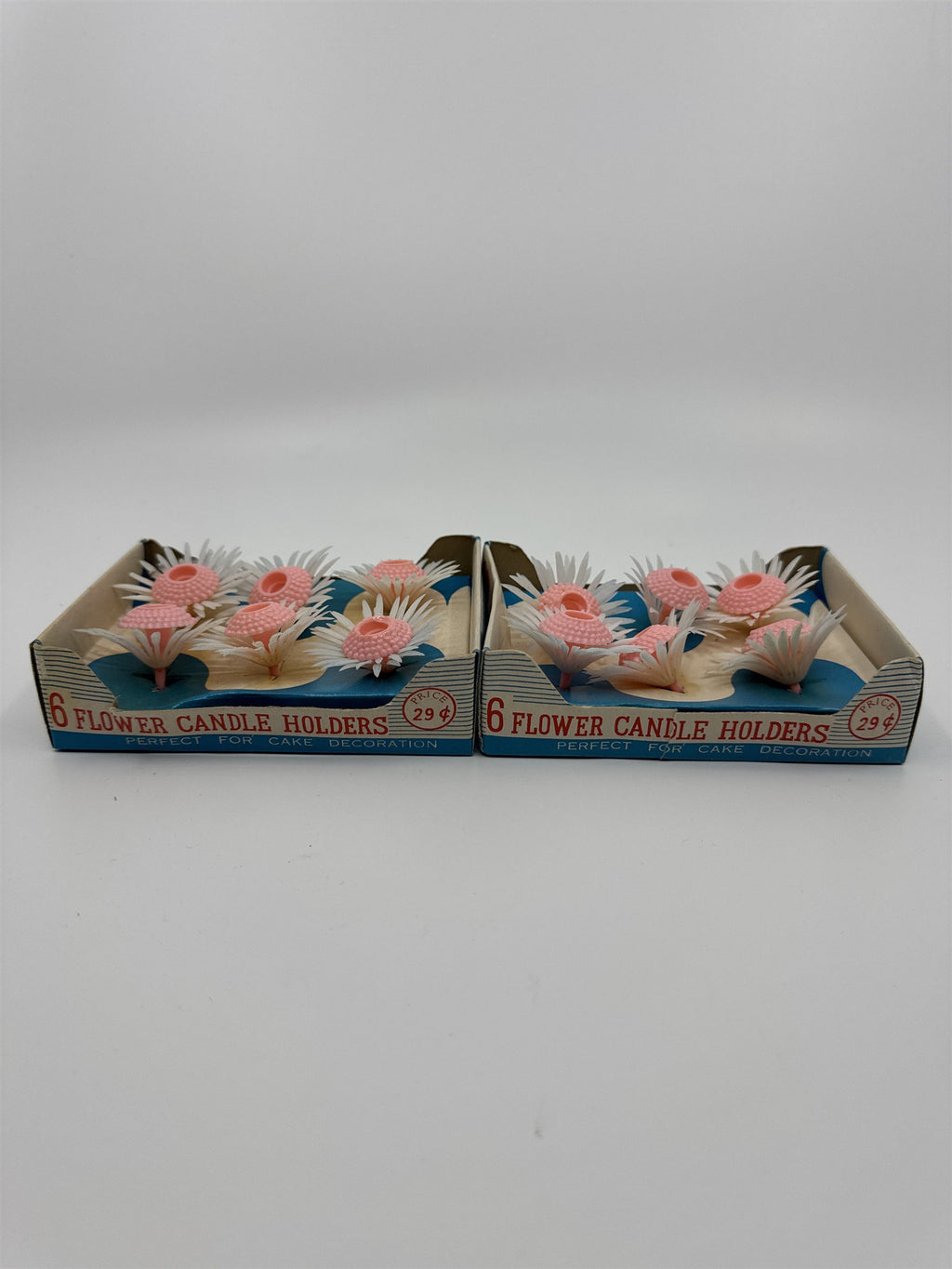 Set of Two Vintage 6 Piece Pink Flower Candle Holders By Capri For Cakes