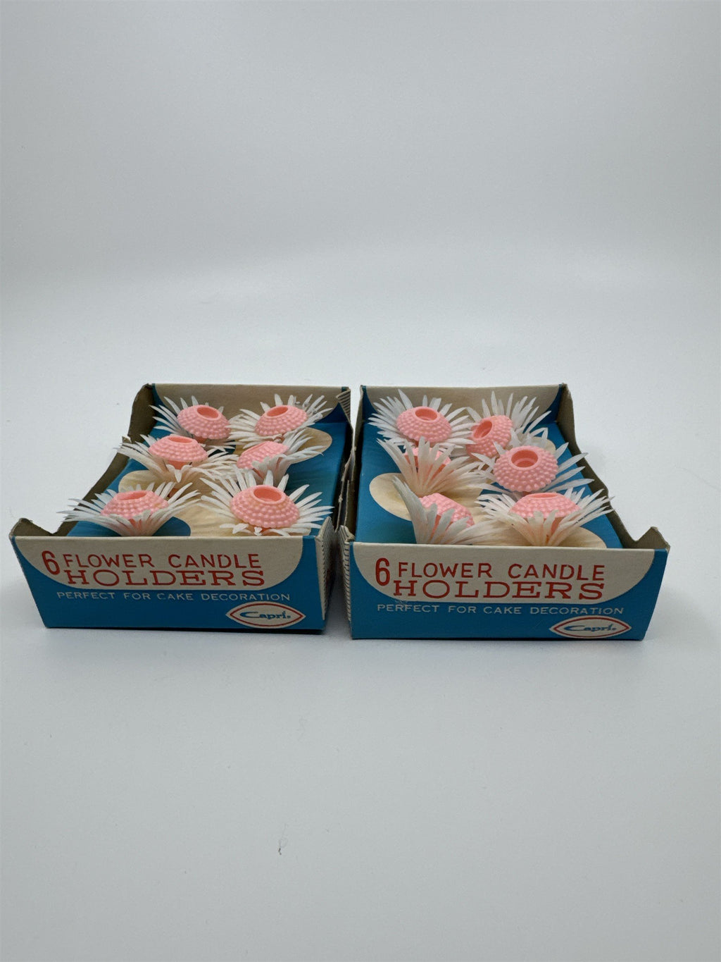 Set of Two Vintage 6 Piece Pink Flower Candle Holders By Capri For Cakes