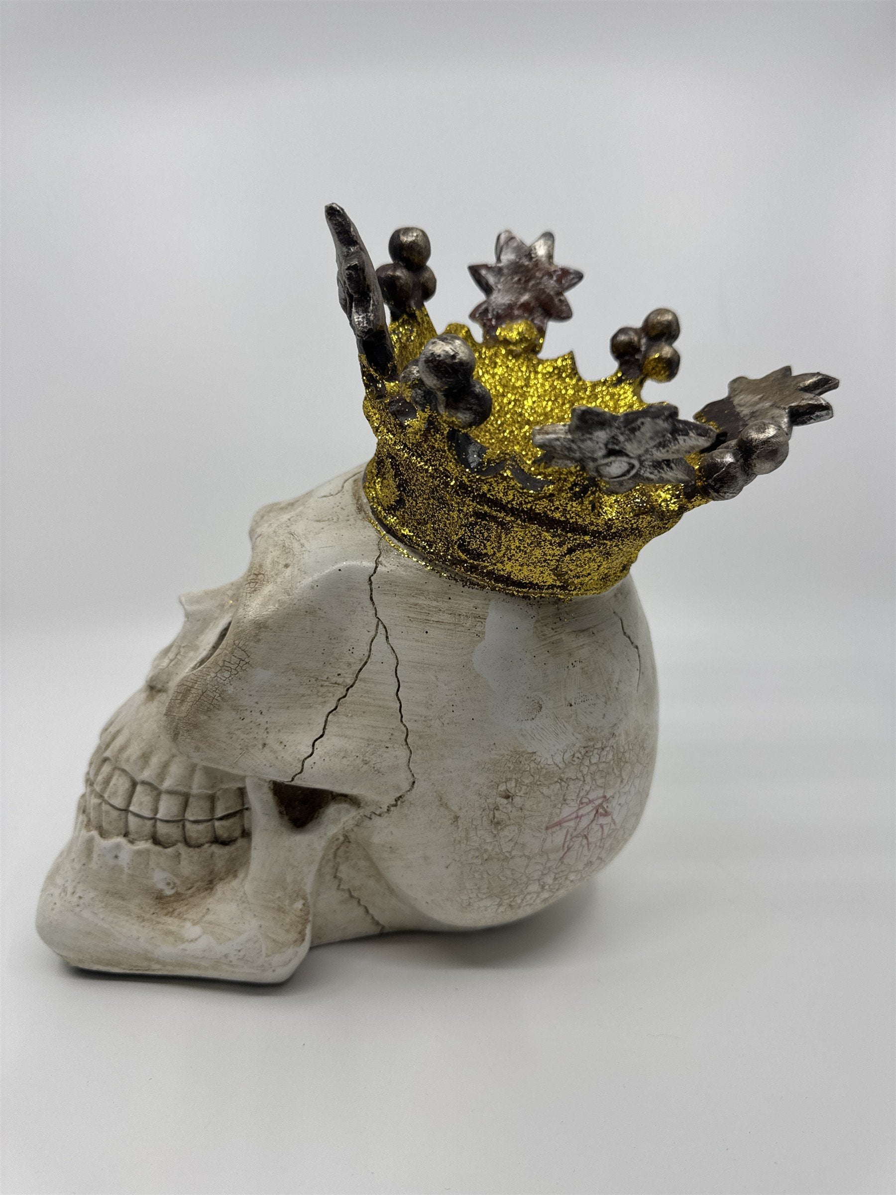 Vintage Multi-Colored Light Up Halloween Skull With Gold Glitter Crown