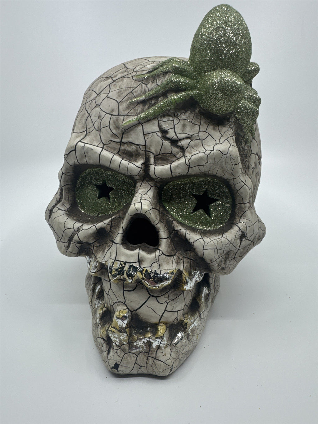 Halloween Skull Decoration with Color Changing Lights and Green Glitter Spider