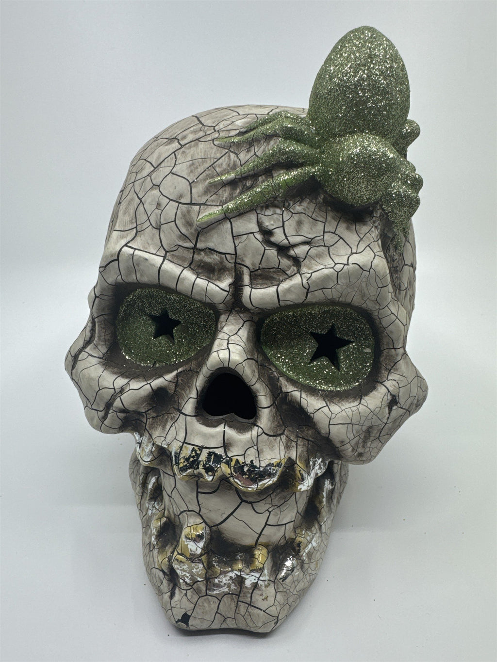 Halloween Skull Decoration with Color Changing Lights and Green Glitter Spider