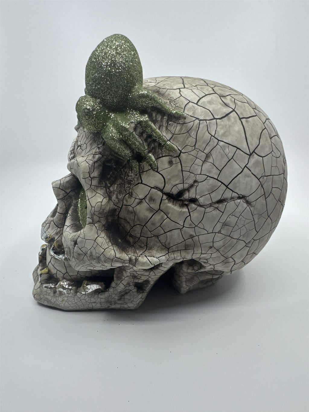 Halloween Skull Decoration with Color Changing Lights and Green Glitter Spider