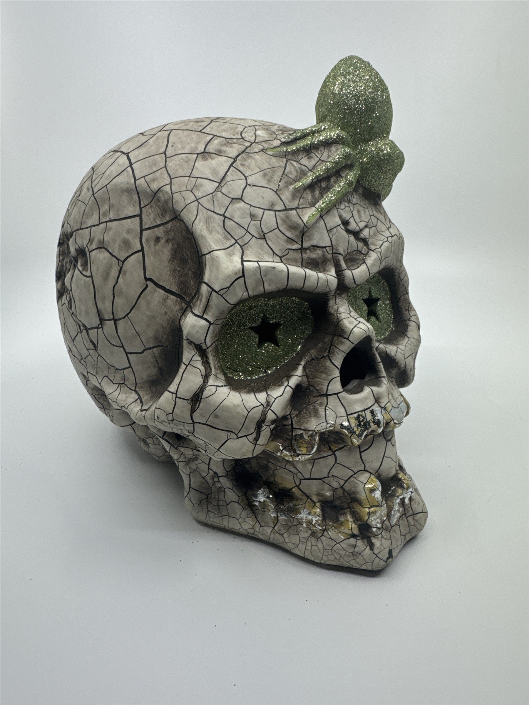 Halloween Skull Decoration with Color Changing Lights and Green Glitter Spider
