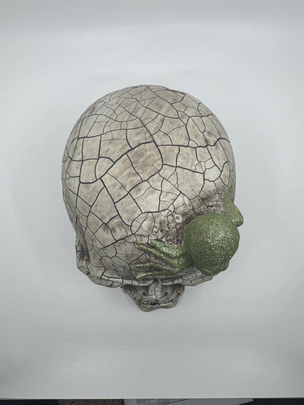 Halloween Skull Decoration with Color Changing Lights and Green Glitter Spider