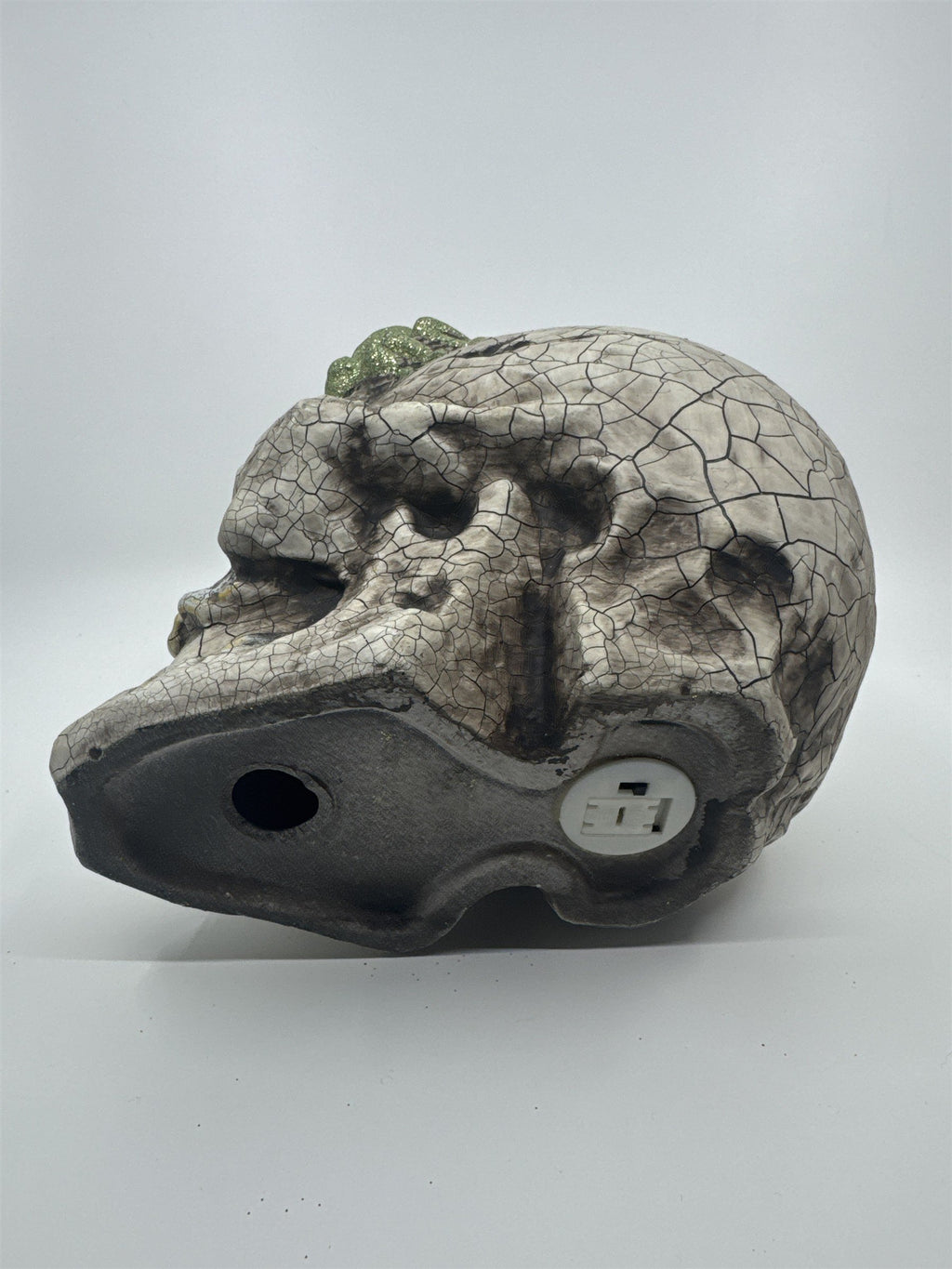 Halloween Skull Decoration with Color Changing Lights and Green Glitter Spider