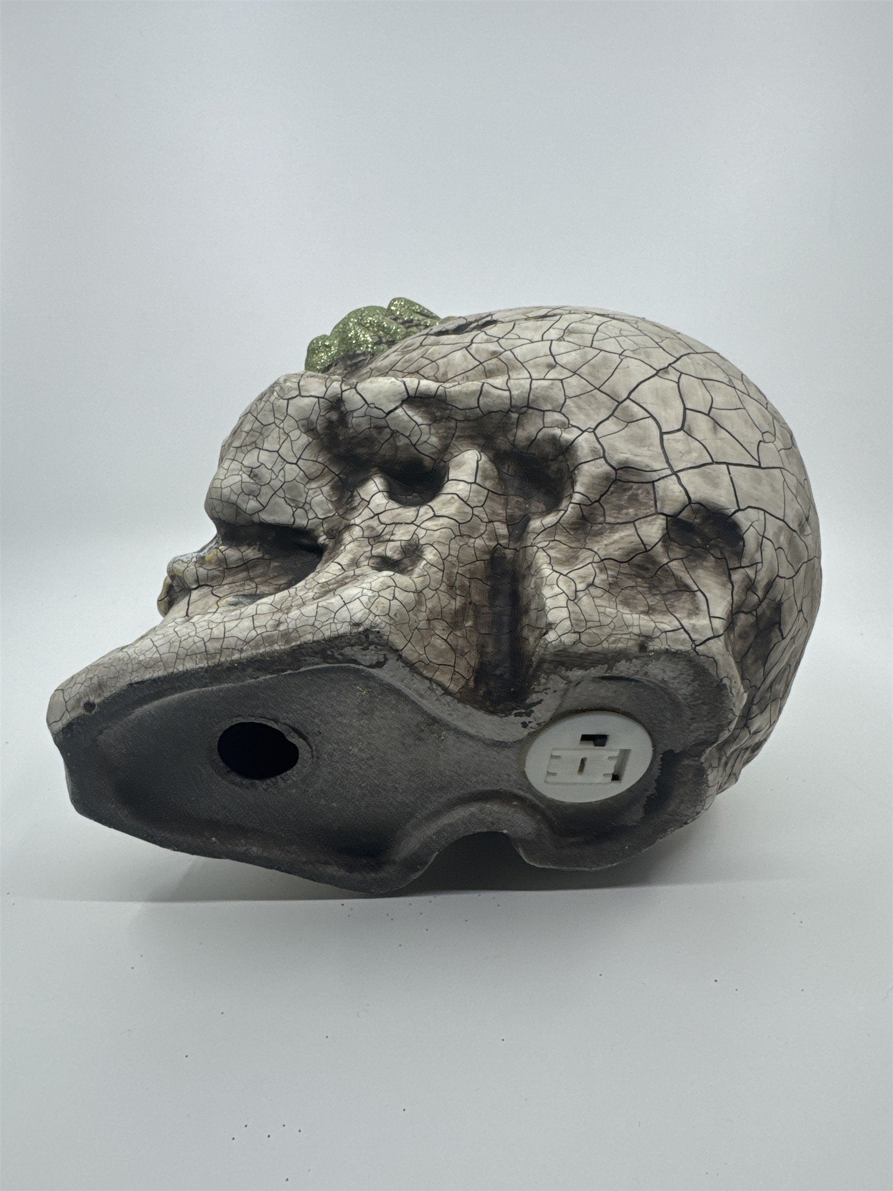 Halloween Skull Decoration with Color Changing Lights and Green Glitter Spider