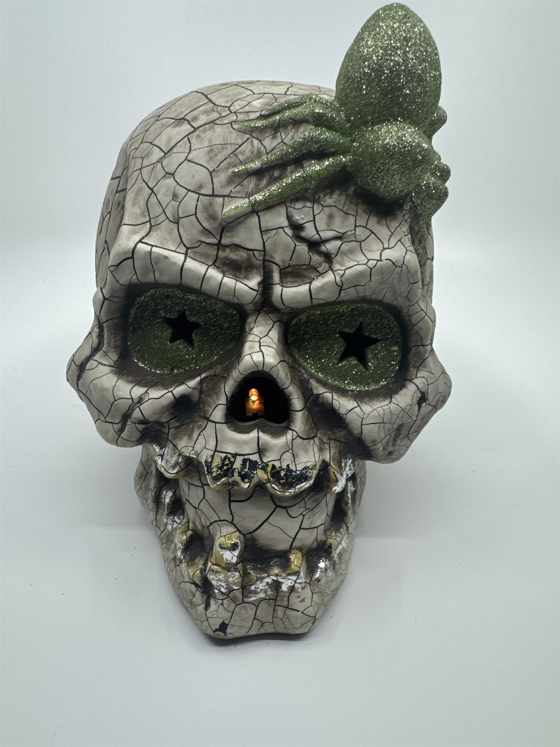 Halloween Skull Decoration with Color Changing Lights and Green Glitter Spider