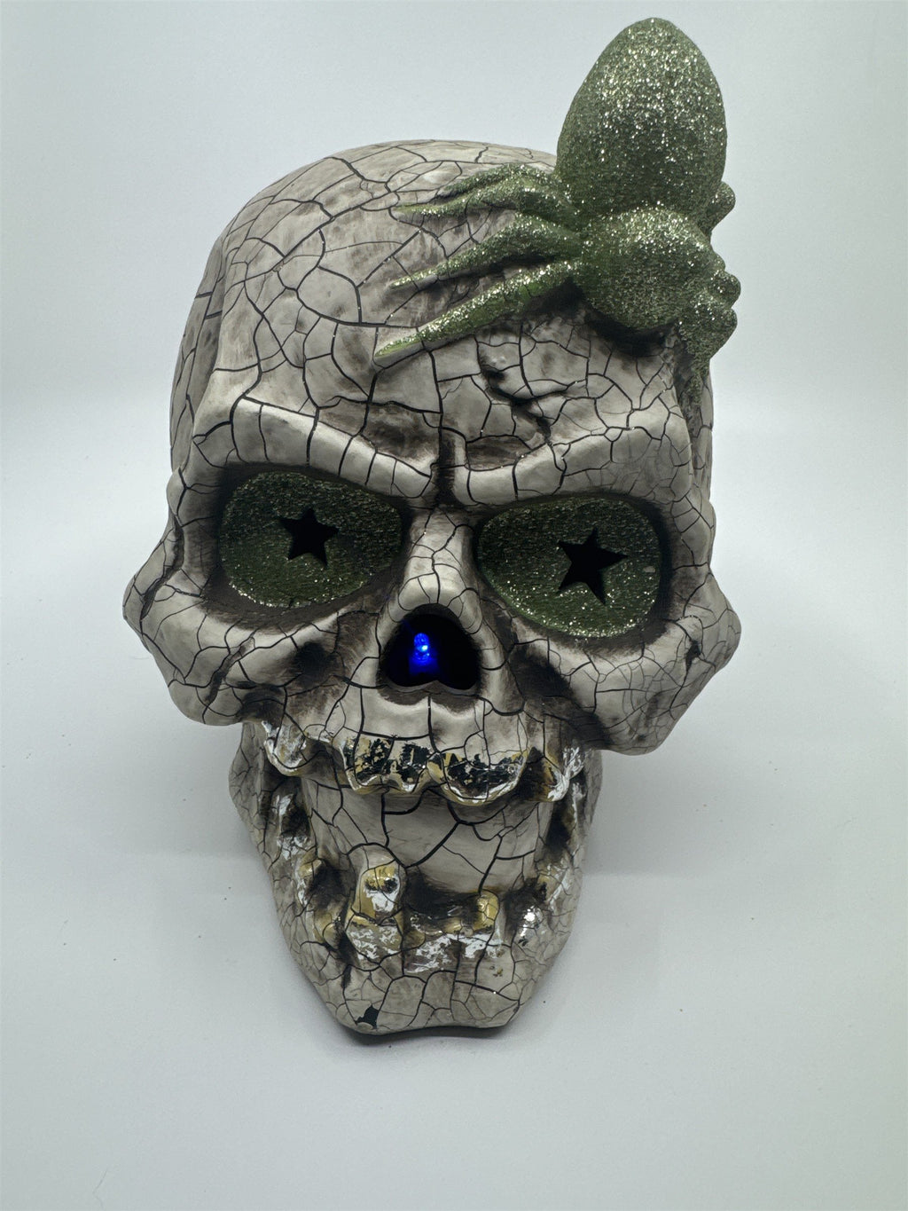 Halloween Skull Decoration with Color Changing Lights and Green Glitter Spider
