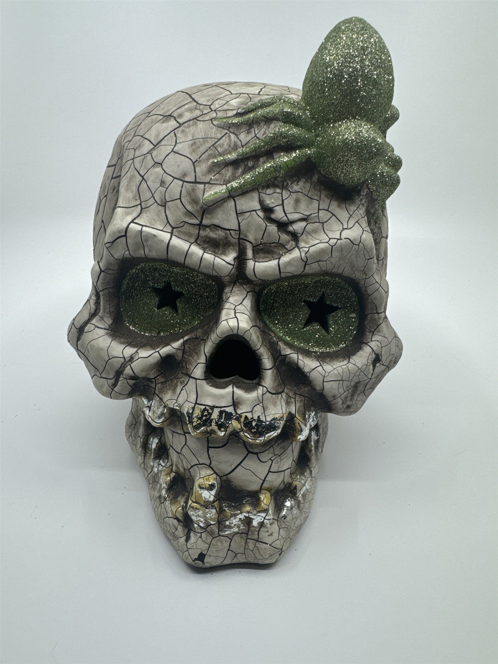 Halloween Skull Decoration with Color Changing Lights and Green Glitter Spider
