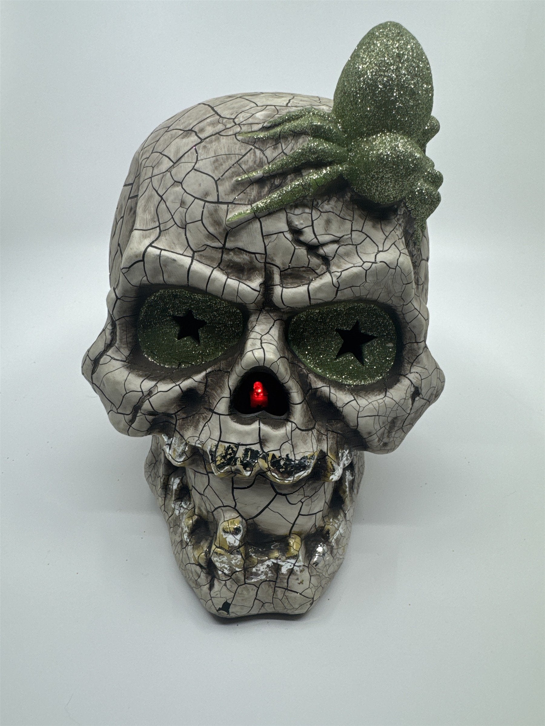 Halloween Skull Decoration with Color Changing Lights and Green Glitter Spider