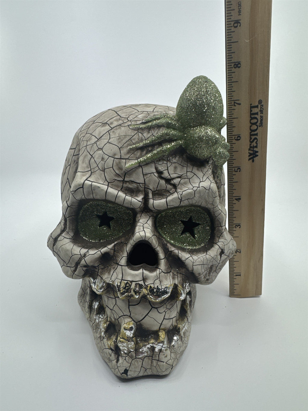 Halloween Skull Decoration with Color Changing Lights and Green Glitter Spider
