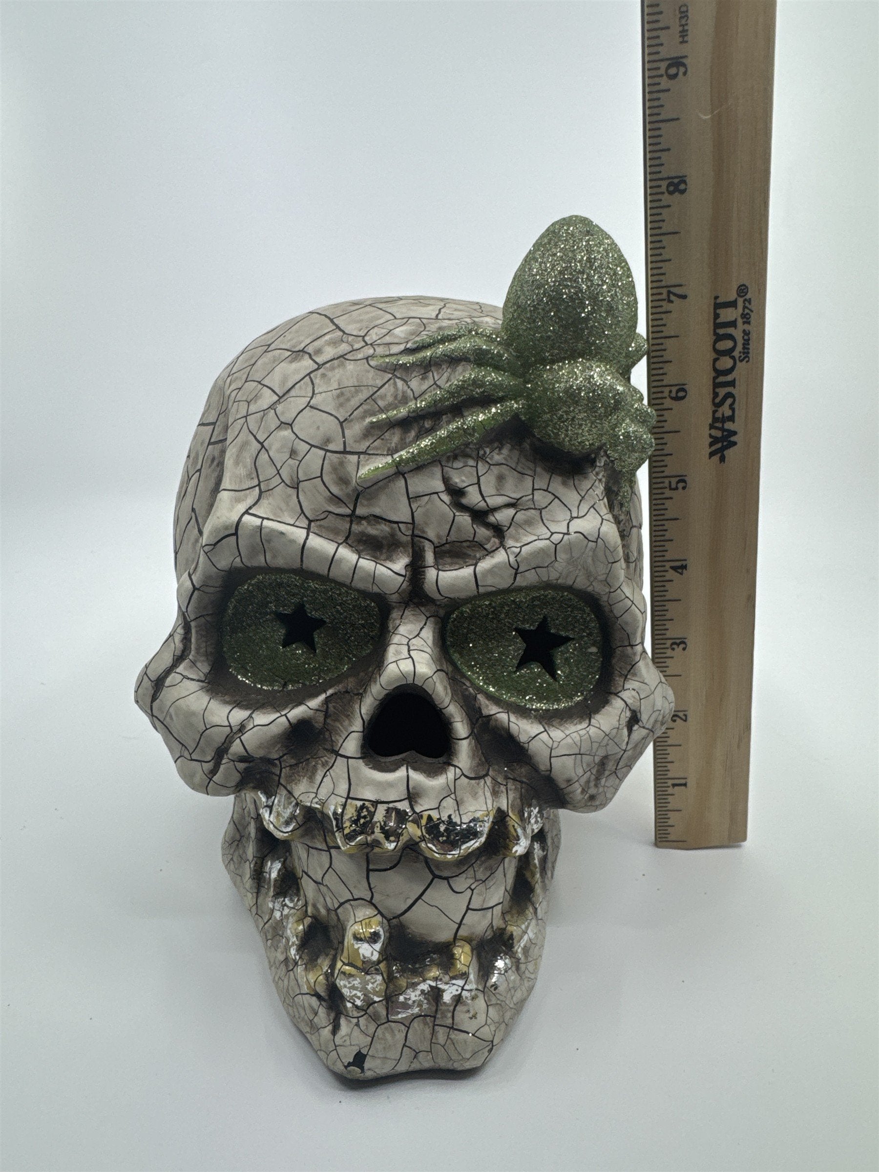 Halloween Skull Decoration with Color Changing Lights and Green Glitter Spider