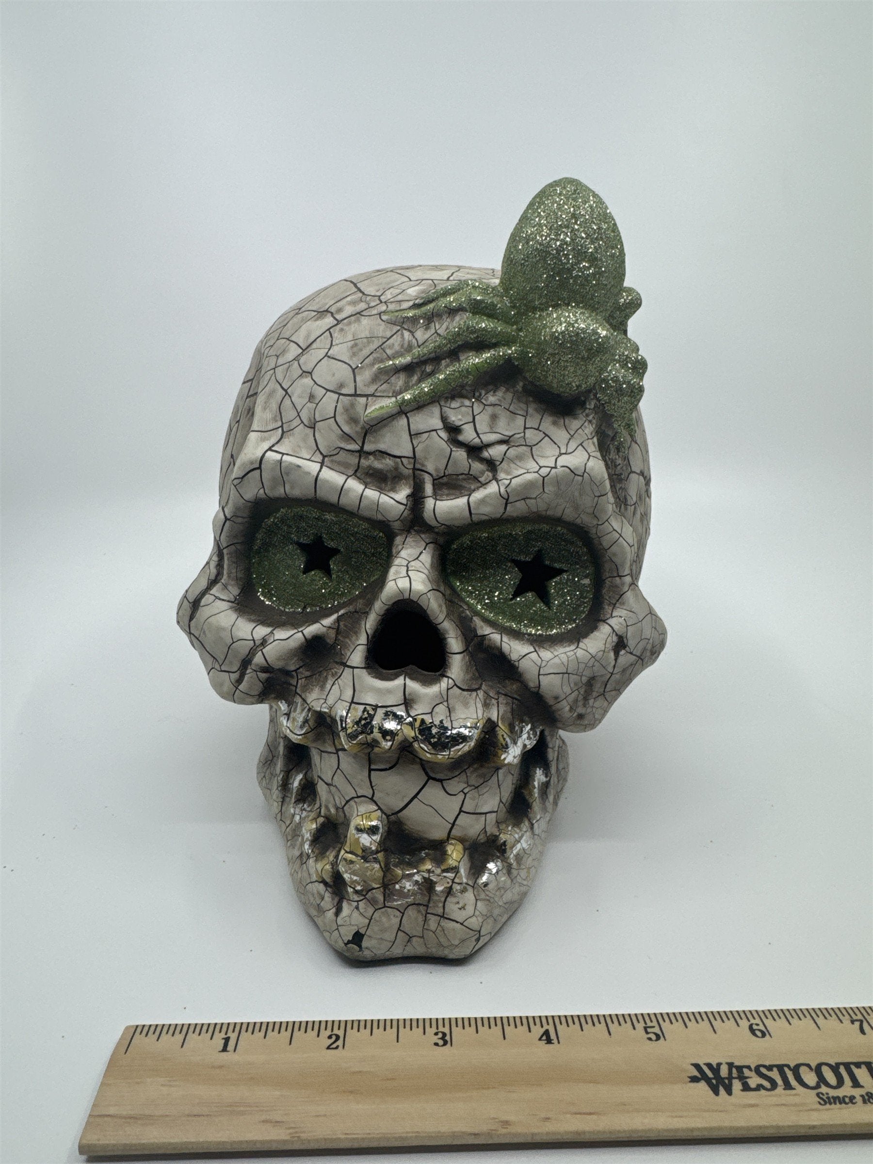 Halloween Skull Decoration with Color Changing Lights and Green Glitter Spider