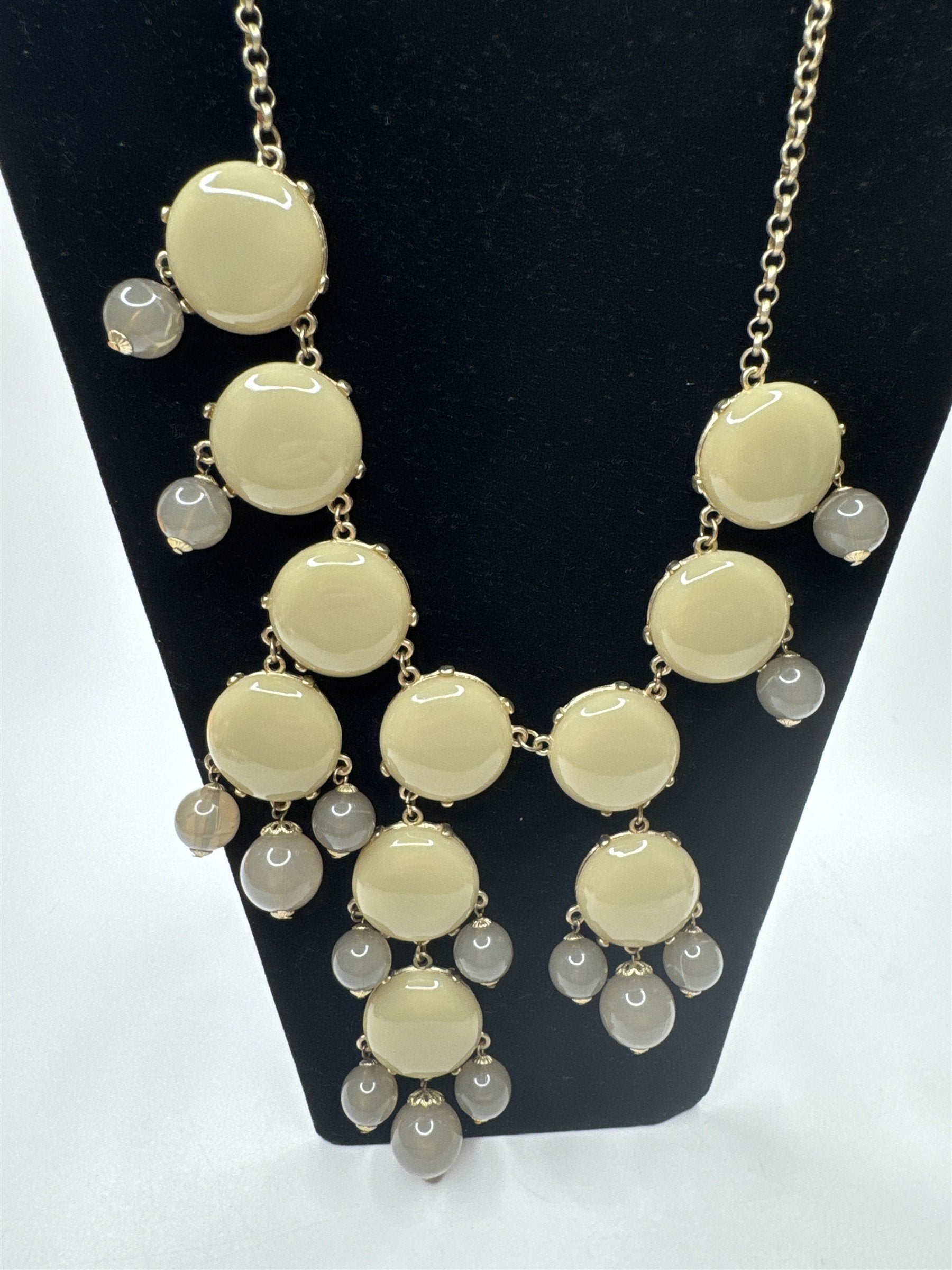 J. Crew Huge Beige Beaded Statement Chunky Modernist Necklace Gold Tone
