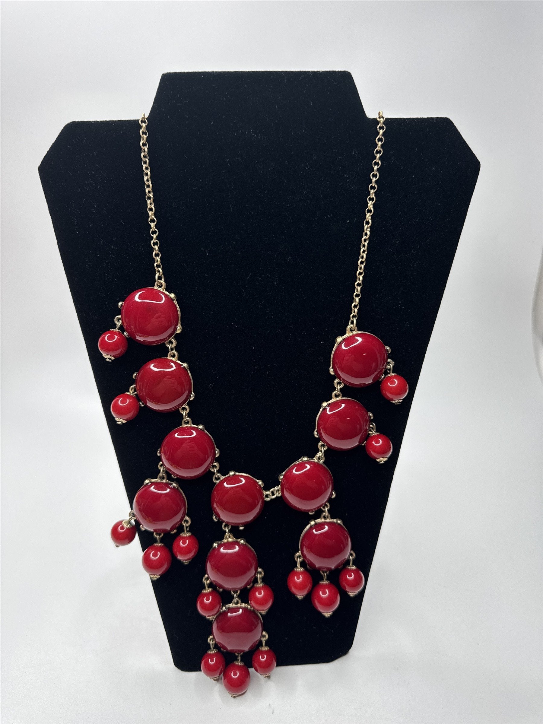 J. Crew Huge Red Beaded Statement Chunky Modernist Necklace Gold Tone