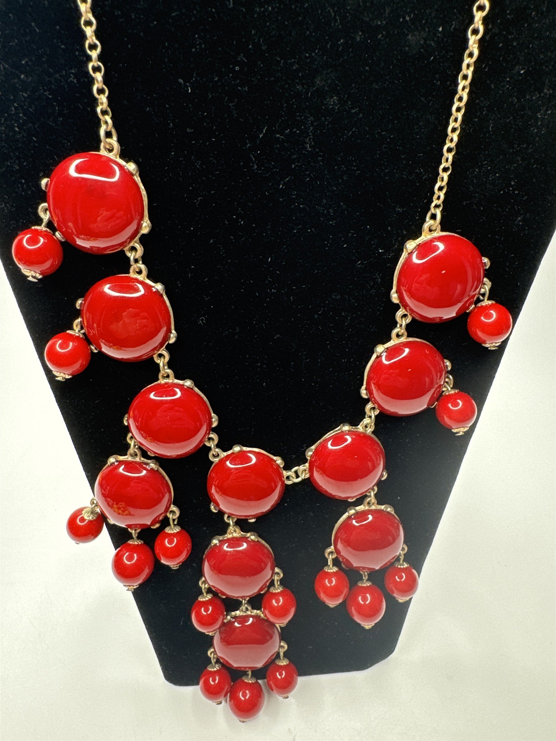 J. Crew Huge Red Beaded Statement Chunky Modernist Necklace Gold Tone