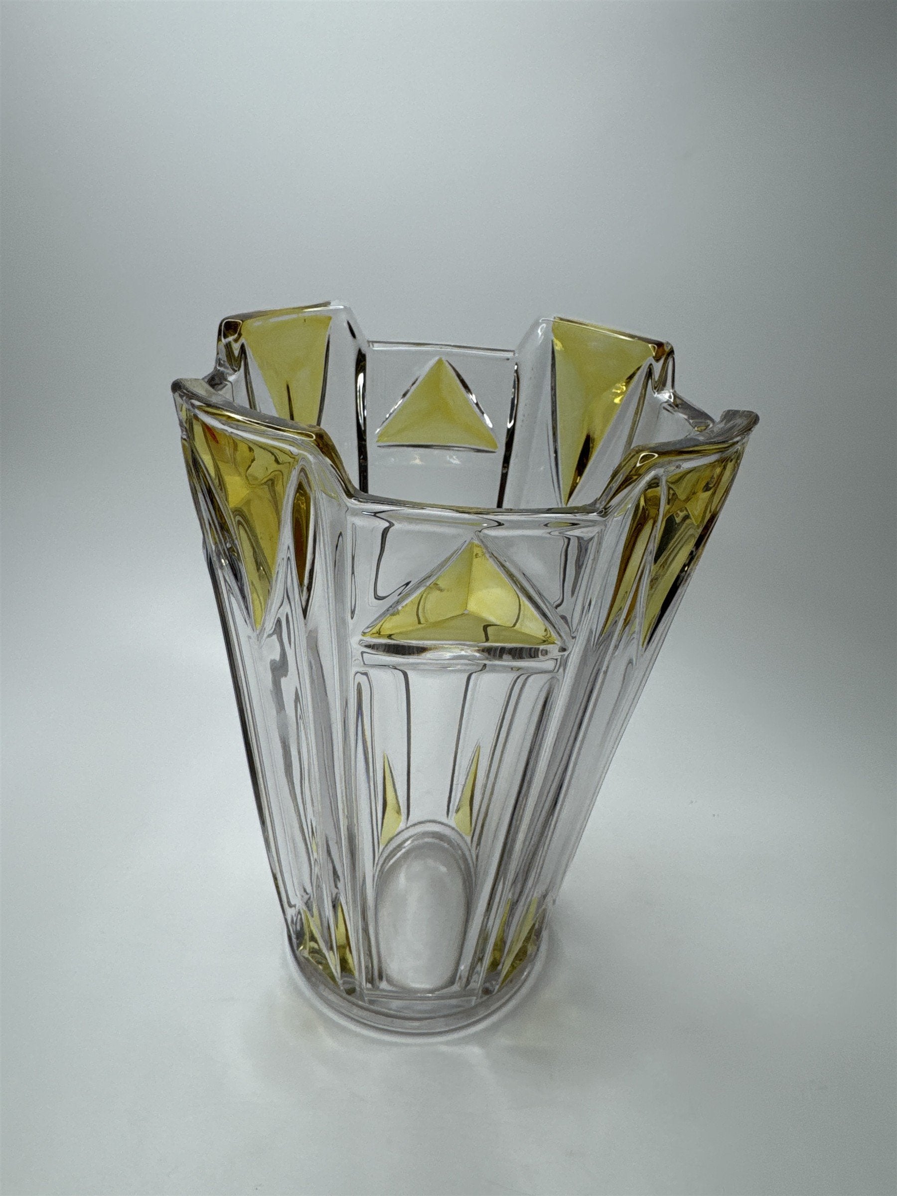 1920s Art Deco Geometric Vase Clear Yellow 8.5" Duncan Miller Moser Style