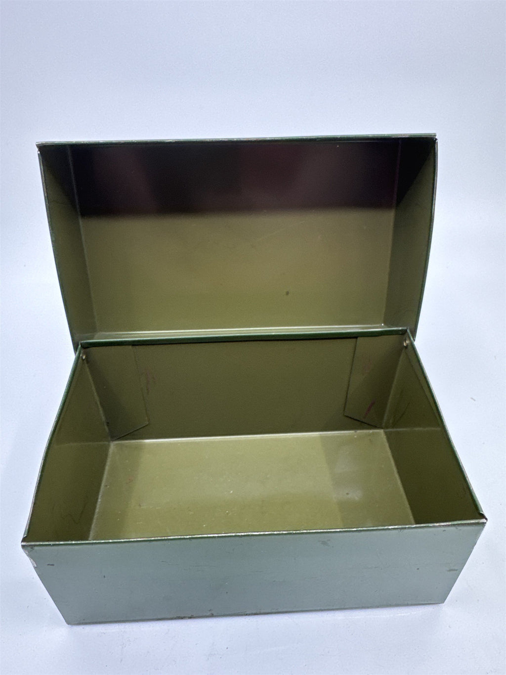 Vintage Army Green Olive Green Metal Recipe Box Trinket Jewelry Container Tin