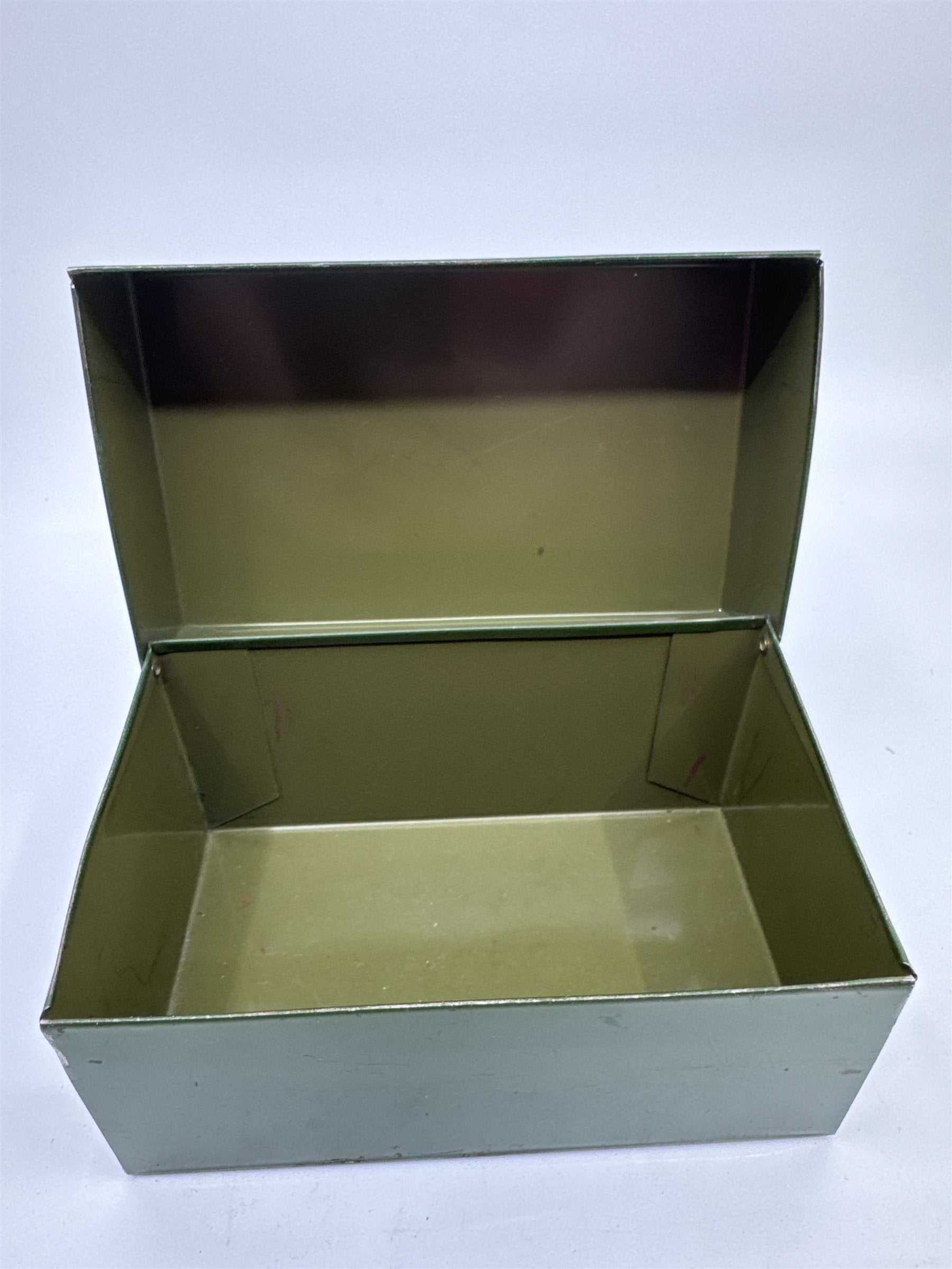Vintage Army Green Olive Green Metal Recipe Box Trinket Jewelry Container Tin