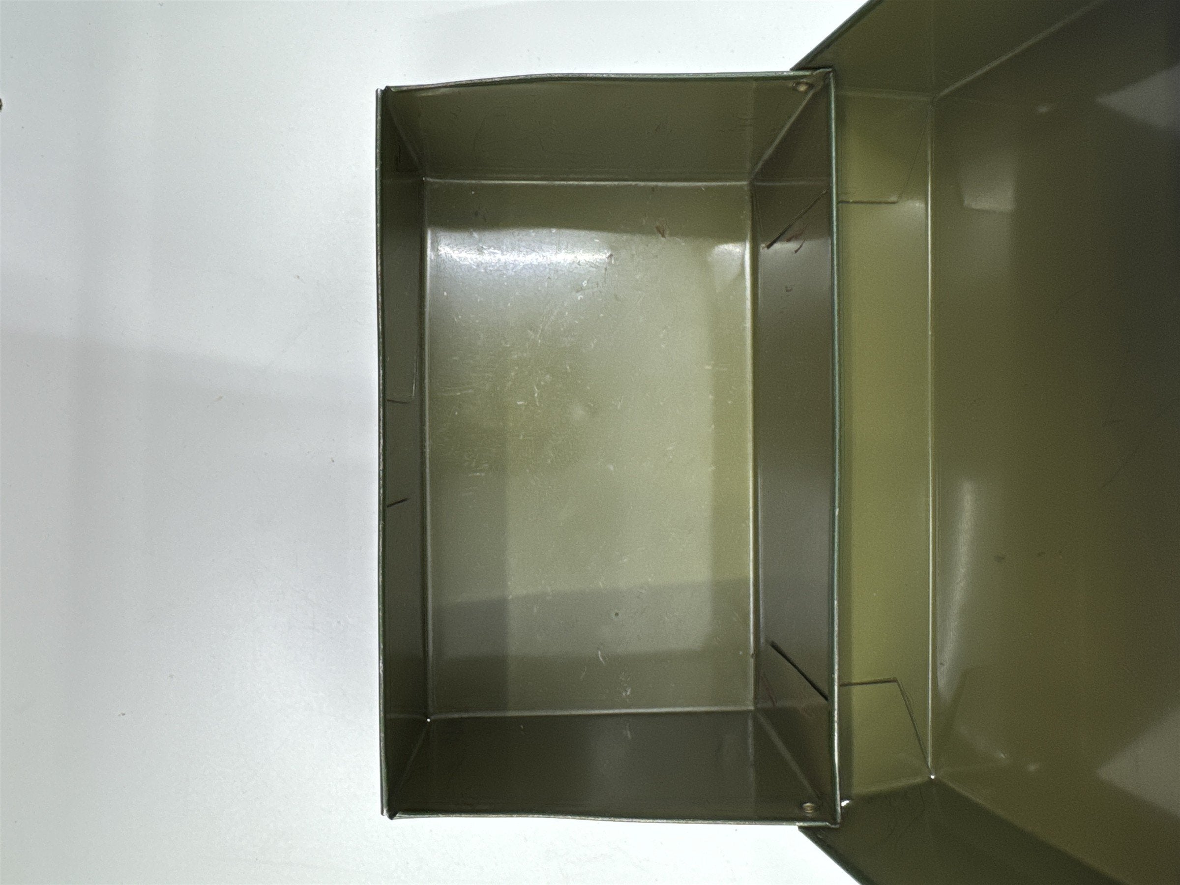 Vintage Army Green Olive Green Metal Recipe Box Trinket Jewelry Container Tin