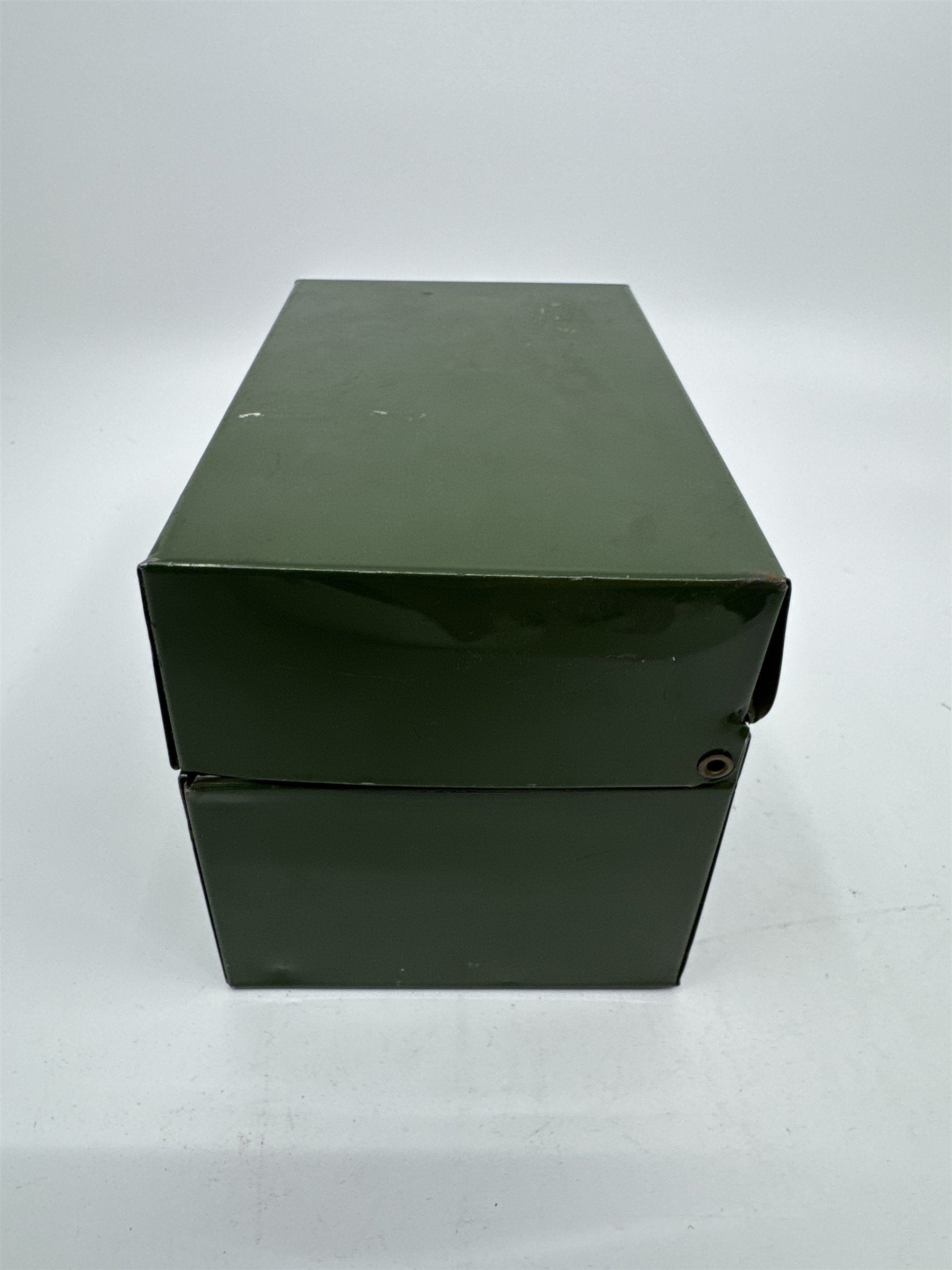 Vintage Army Green Olive Green Metal Recipe Box Trinket Jewelry Container Tin
