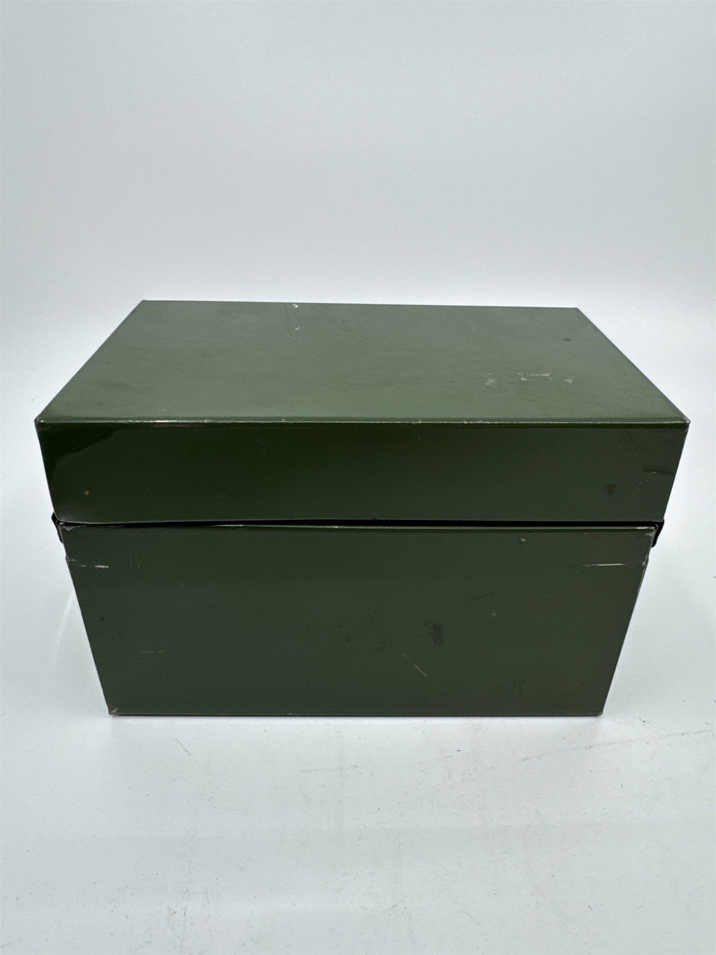 Vintage Army Green Olive Green Metal Recipe Box Trinket Jewelry Container Tin