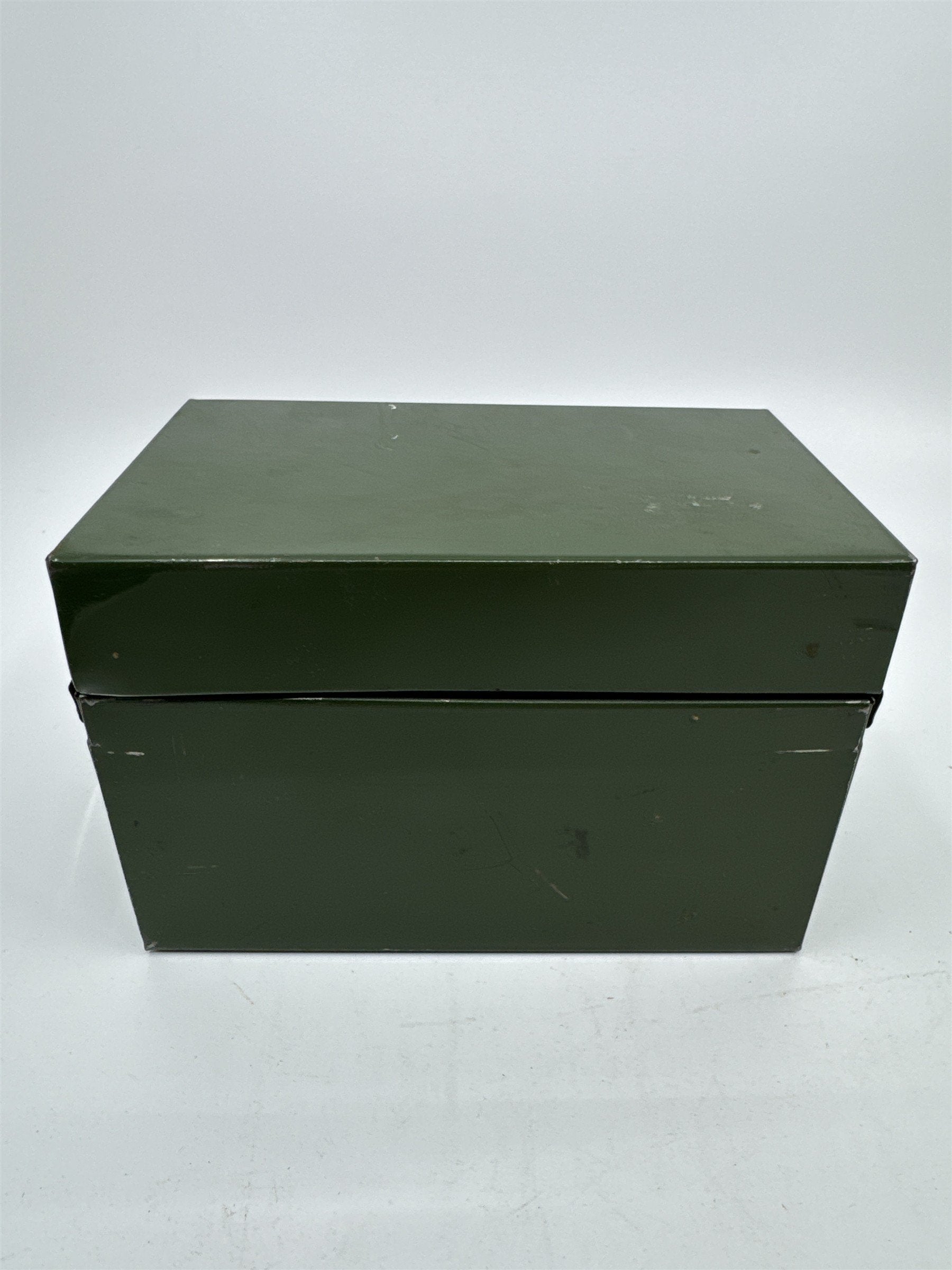 Vintage Army Green Olive Green Metal Recipe Box Trinket Jewelry Container Tin