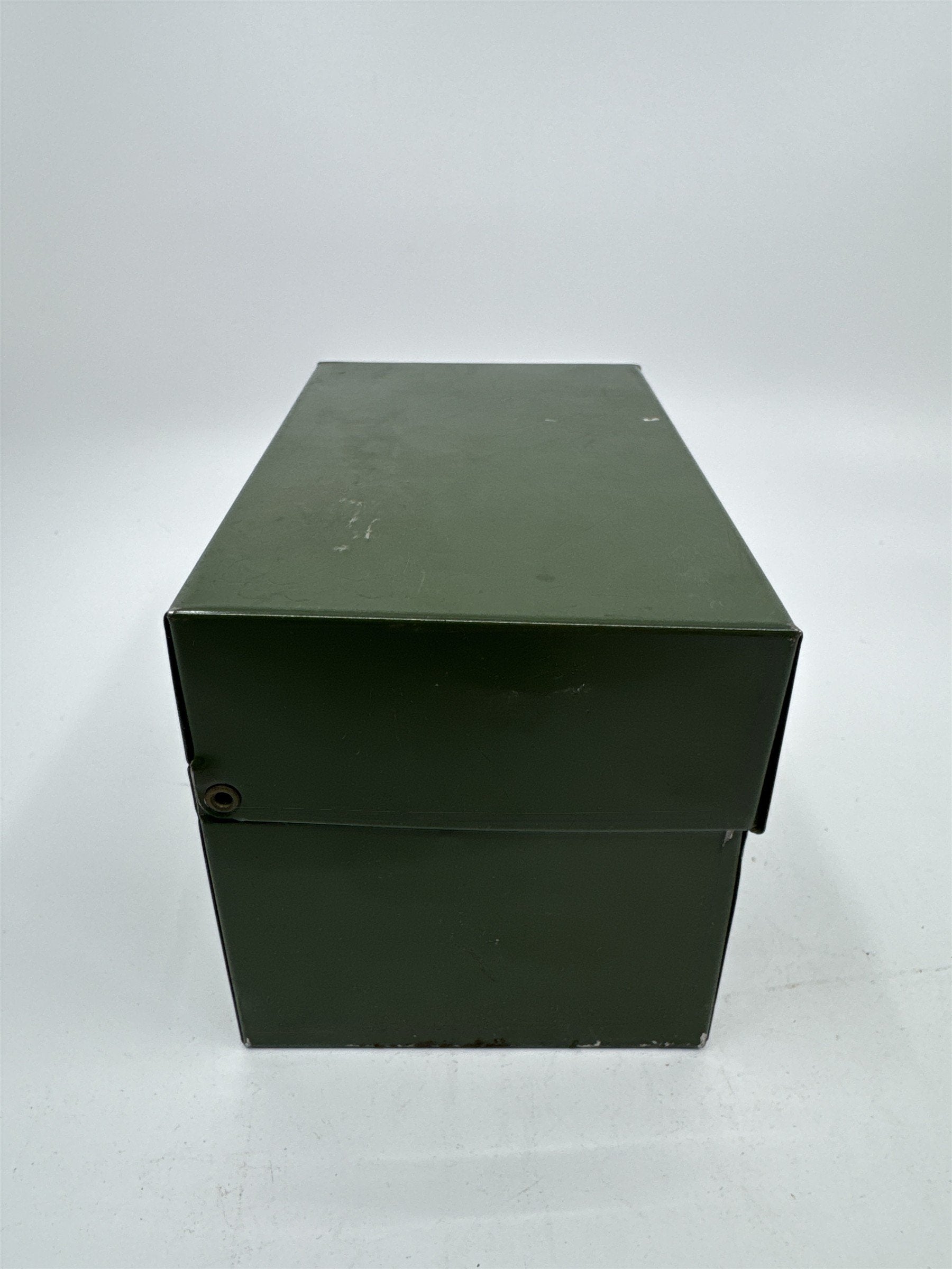 Vintage Army Green Olive Green Metal Recipe Box Trinket Jewelry Container Tin