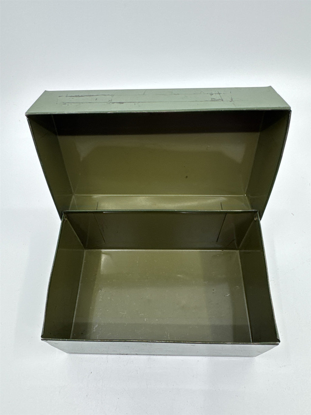 Vintage Army Green Olive Green Metal Recipe Box Trinket Jewelry Container Tin