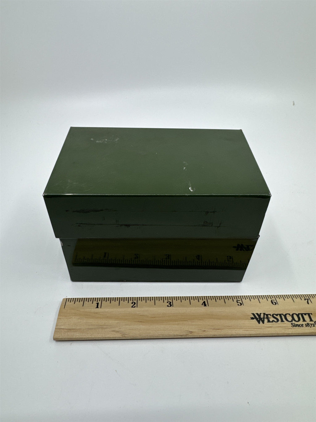 Vintage Army Green Olive Green Metal Recipe Box Trinket Jewelry Container Tin