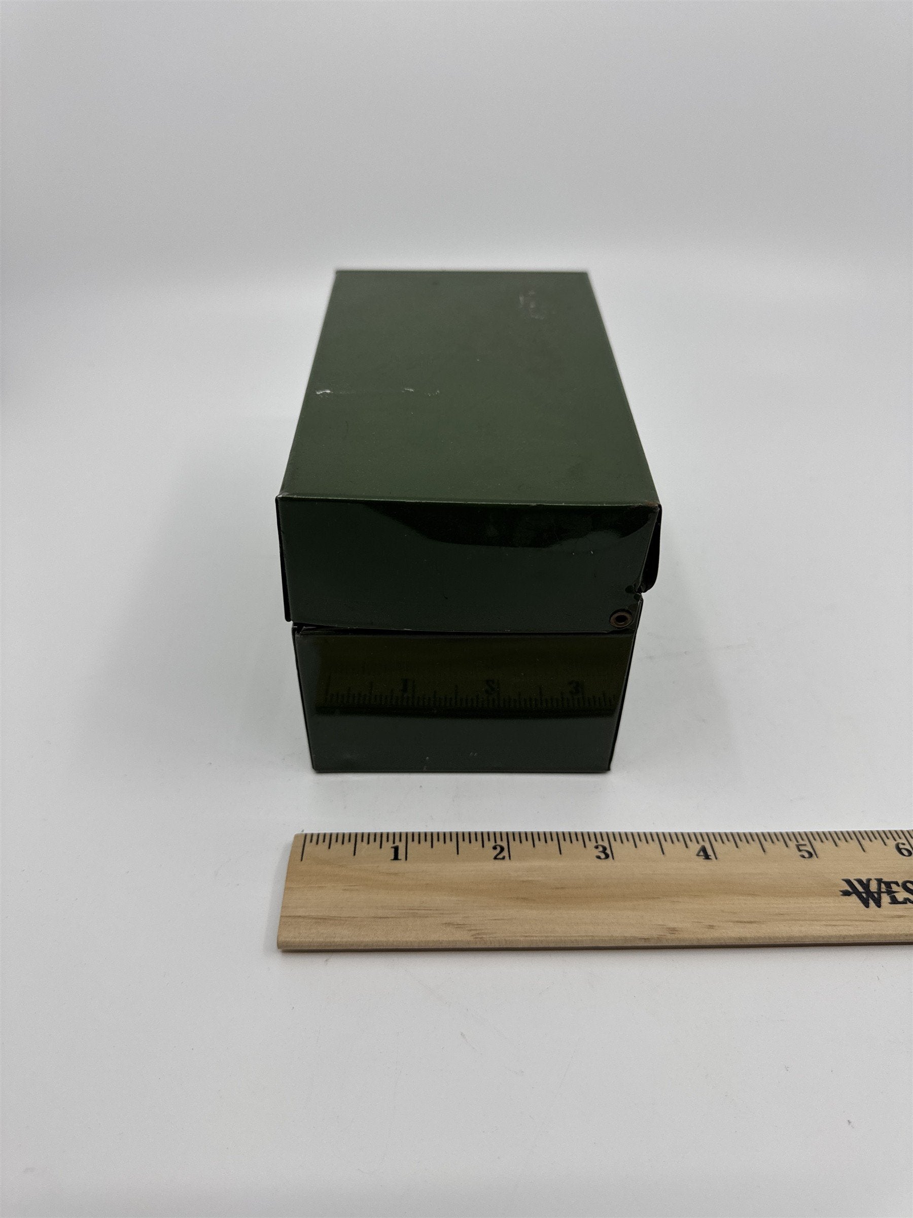 Vintage Army Green Olive Green Metal Recipe Box Trinket Jewelry Container Tin