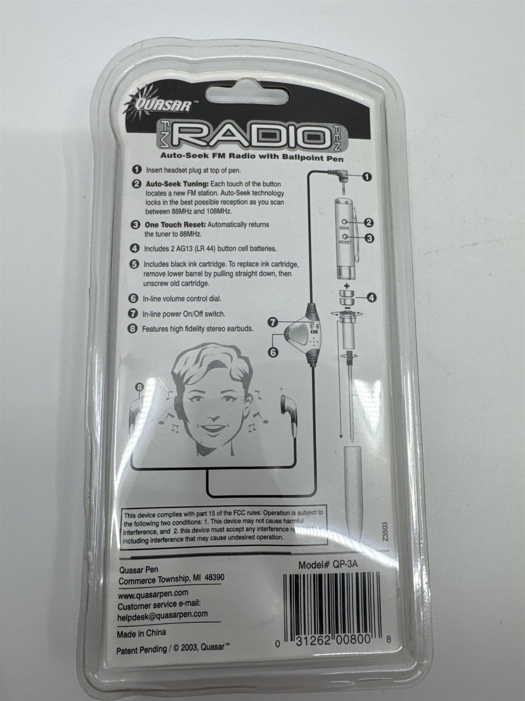 Vintage Silver FM Radio Ballpoint Pen with Headphones By Quasar New in Box