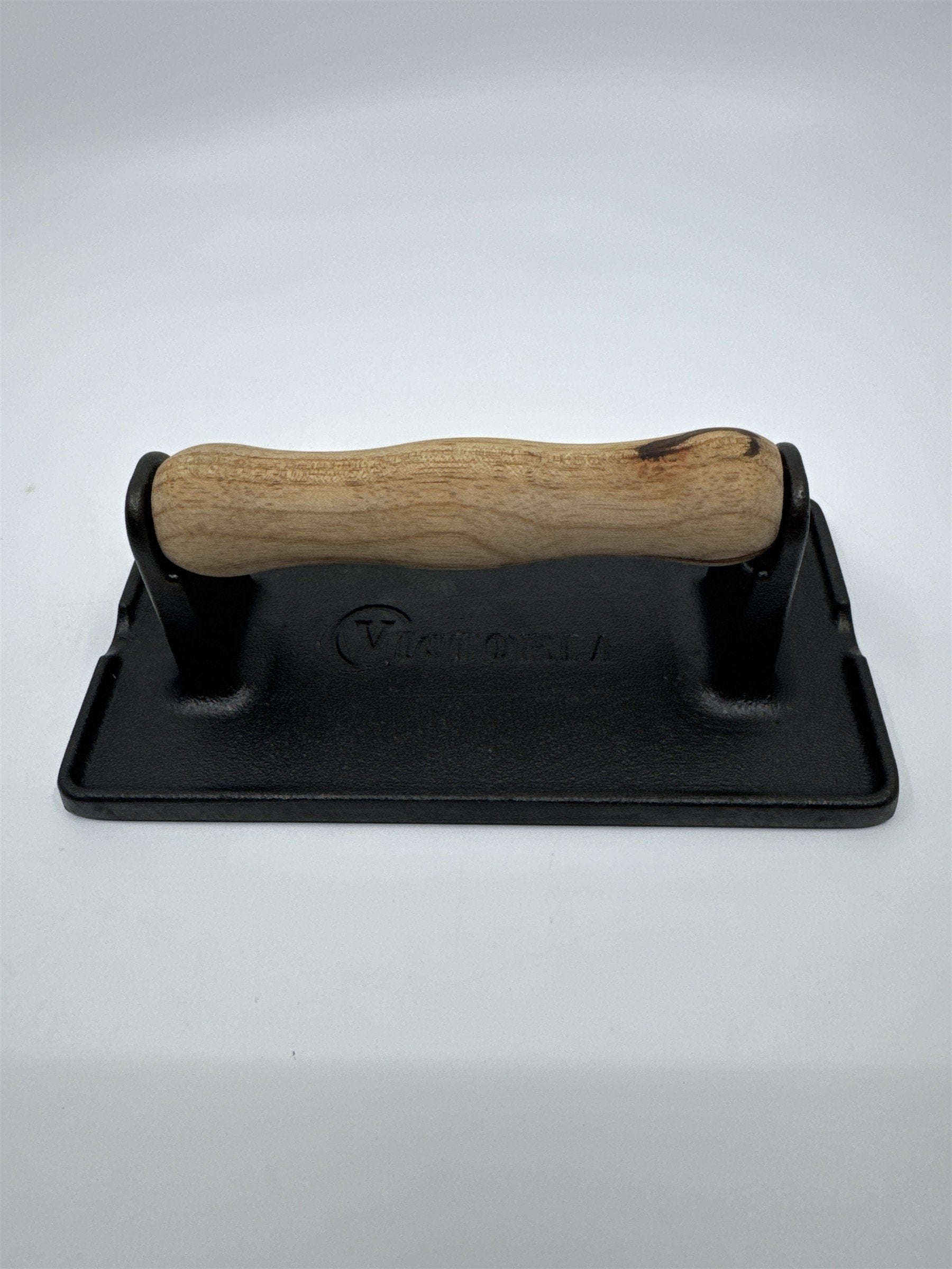 Black Victoria Cast Iron Panini Press, Burger Press, Bacon Press Wooden Handle