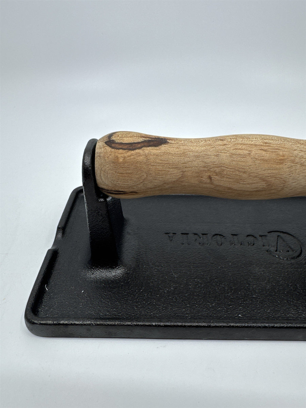 Black Victoria Cast Iron Panini Press, Burger Press, Bacon Press Wooden Handle