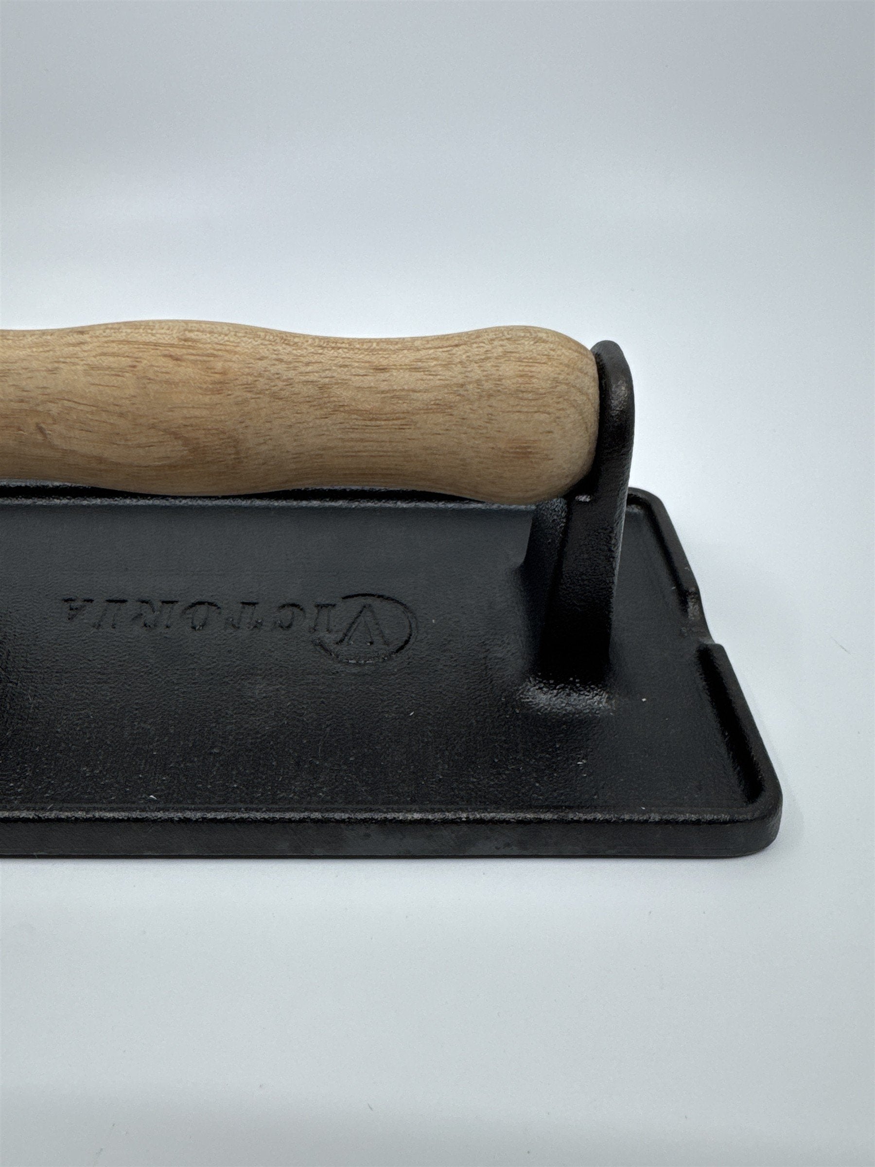 Black Victoria Cast Iron Panini Press, Burger Press, Bacon Press Wooden Handle