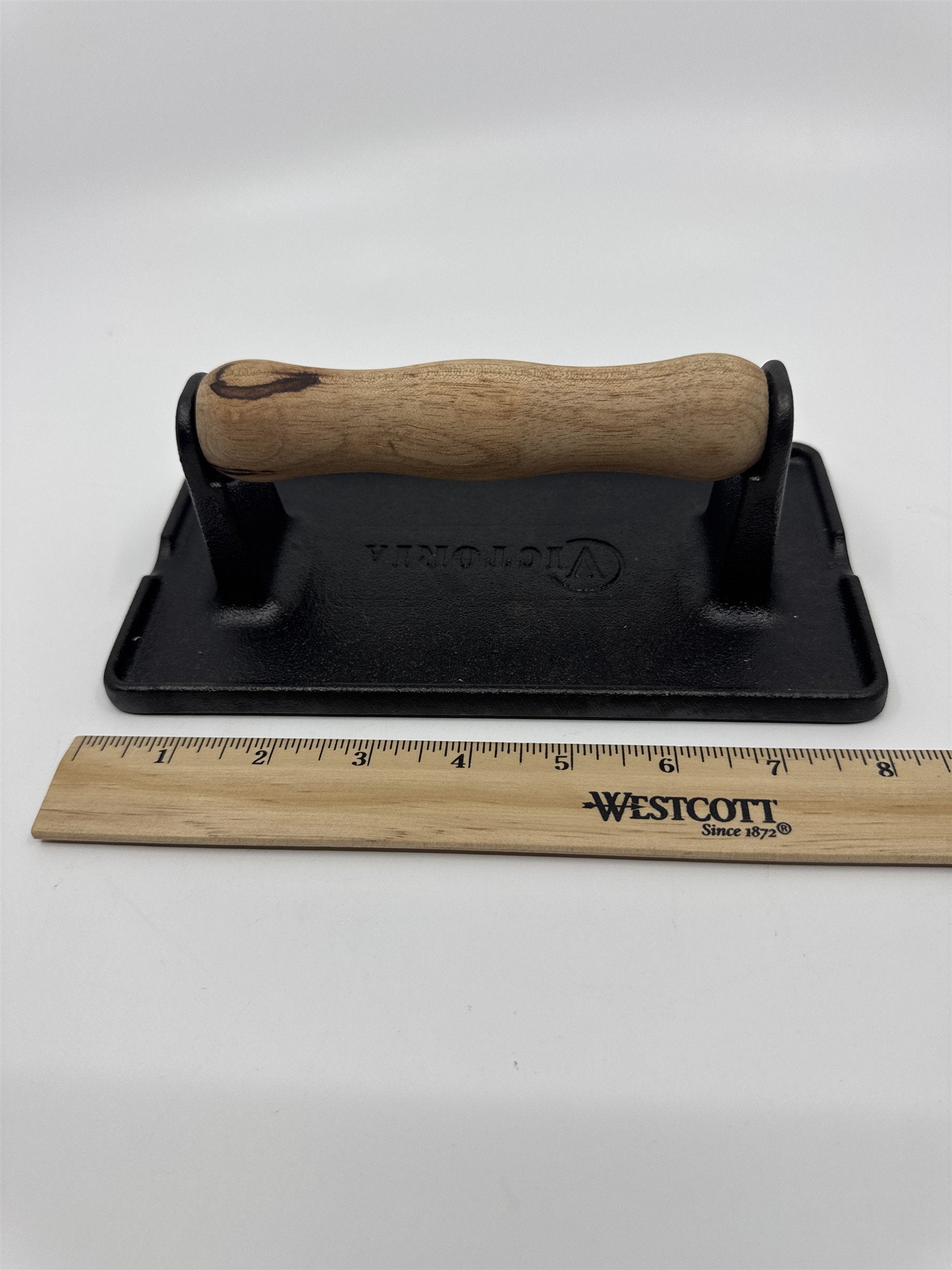 Black Victoria Cast Iron Panini Press, Burger Press, Bacon Press Wooden Handle
