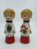 Set of Two MCM Ceramic Crazed Christmas Carolers with Tree and Bell Japan