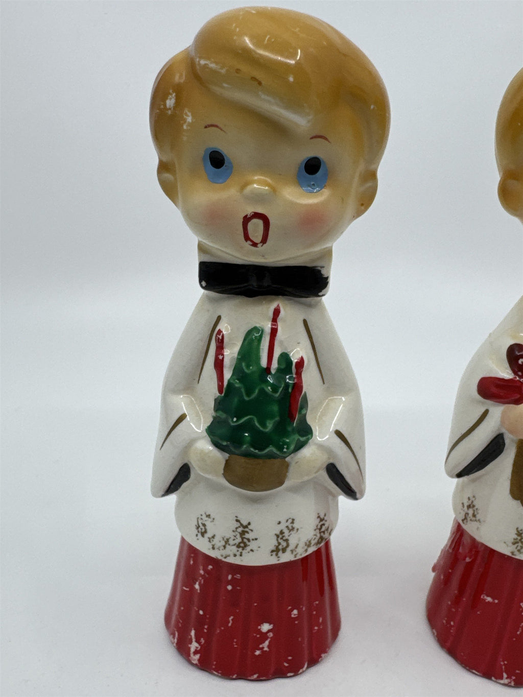 Set of Two MCM Ceramic Crazed Christmas Carolers with Tree and Bell Japan