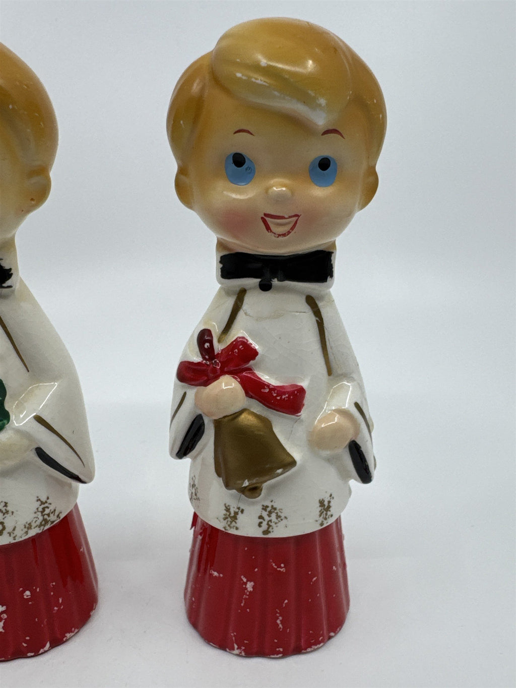 Set of Two MCM Ceramic Crazed Christmas Carolers with Tree and Bell Japan