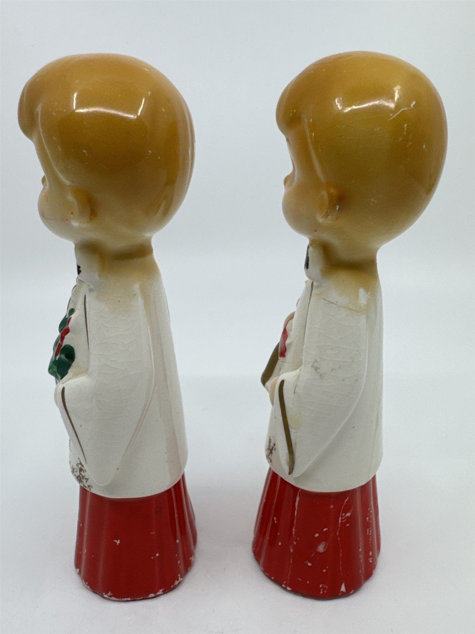 Set of Two MCM Ceramic Crazed Christmas Carolers with Tree and Bell Japan